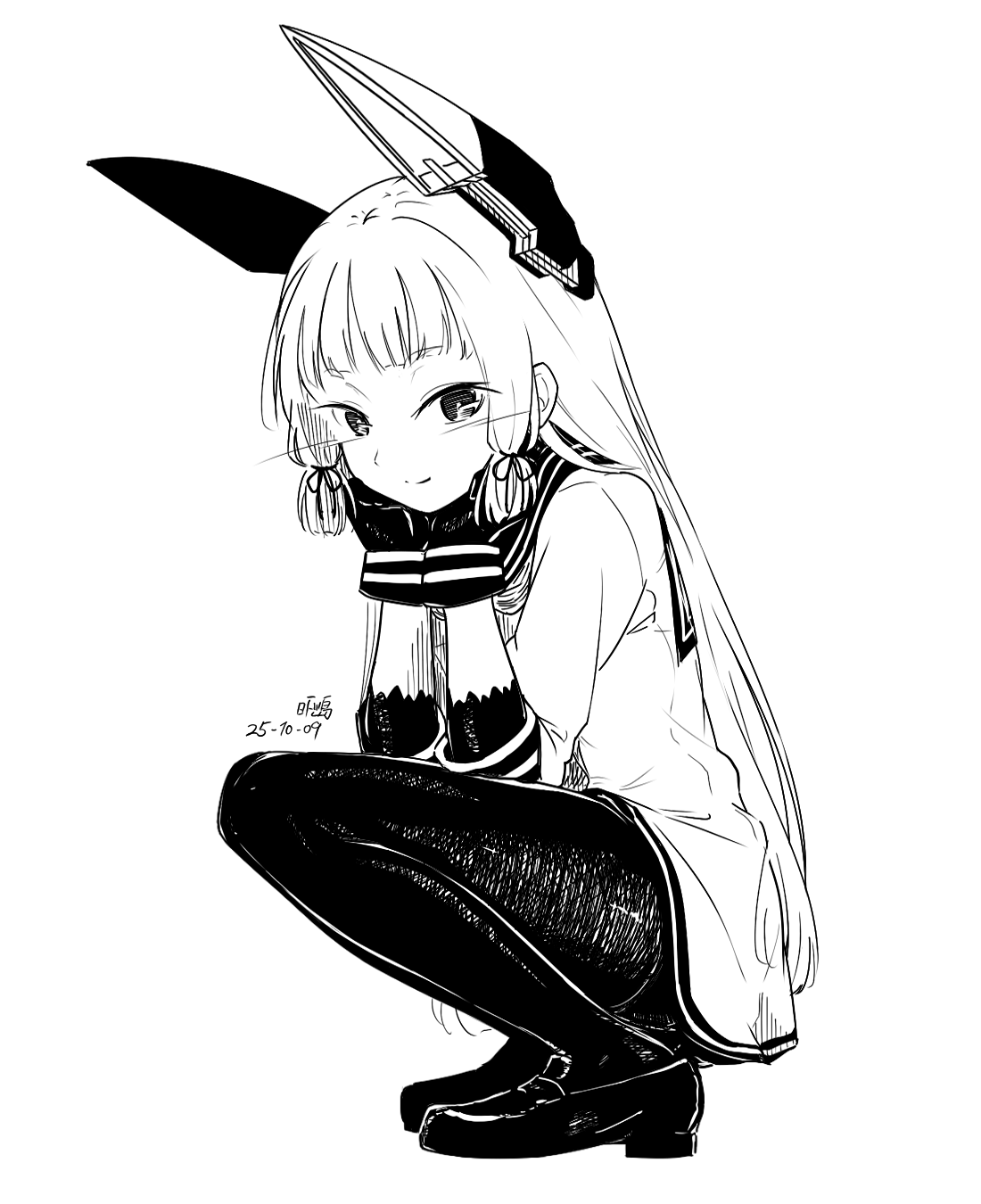 hikashima (shiofune), murakumo (kancolle), kantai collection, highres, 1girl, blunt bangs, blunt tresses, dress, fingerless gloves, gloves, hair ribbon, hands on own face, headgear, high contrast, long hair, monochrome, pantyhose, ribbon, sailor collar, sailor dress, smile, solo, squatting, tress ribbon