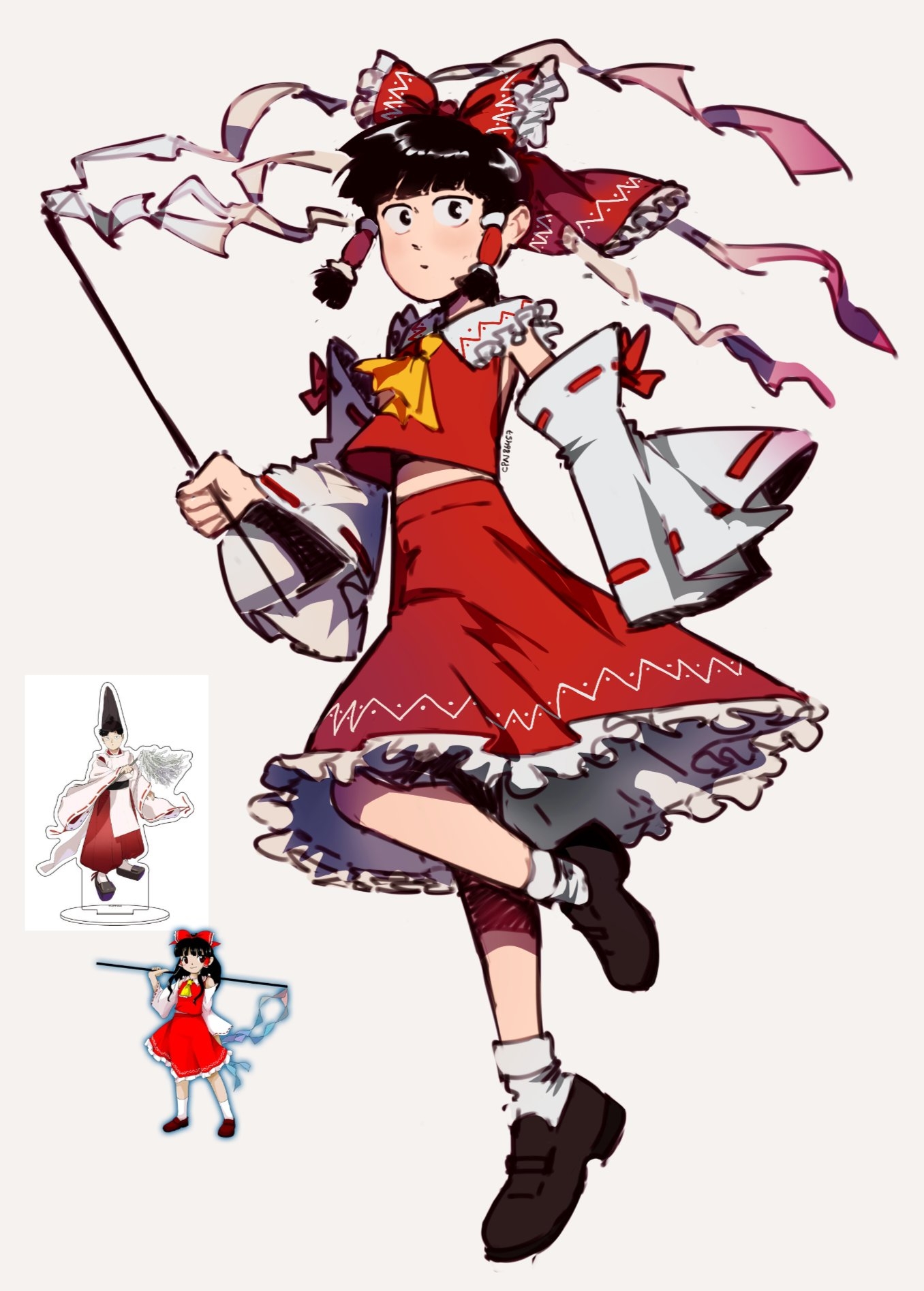 hakurei reimu, kageyama shigeo, mob psycho 100, touhou, highres, 1boy, ascot, black eyes, black hair, bow, cosplay, cpn86457, crossdressing, crossdressing (mtf), detached sleeves, frilled bow, frills, hair bow, hair tubes, hakurei reimu (cosplay), male focus, red bow, red skirt, ribbon, ribbon-trimmed sleeves, ribbon trim, shirt, short hair, skirt, solo, wide sleeves, yellow ascot