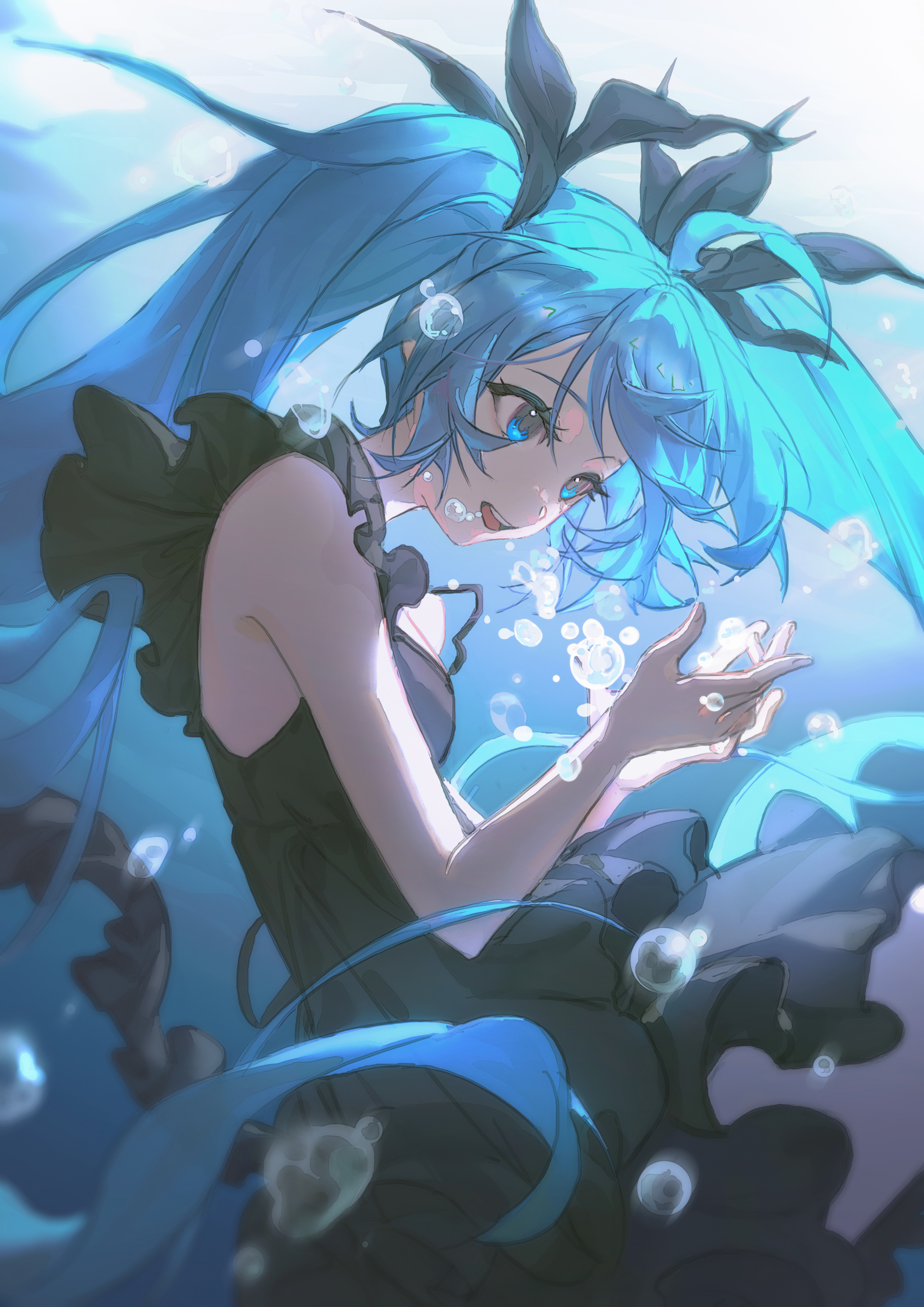 youtuanzi, hatsune miku, shinkai shoujo (vocaloid), vocaloid, absurdres, highres, 1girl, aqua eyes, aqua hair, black dress, breasts, dress, hair ornament, long hair, medium breasts, open mouth, sleeveless, sleeveless dress, solo, twintails, underwater, very long hair