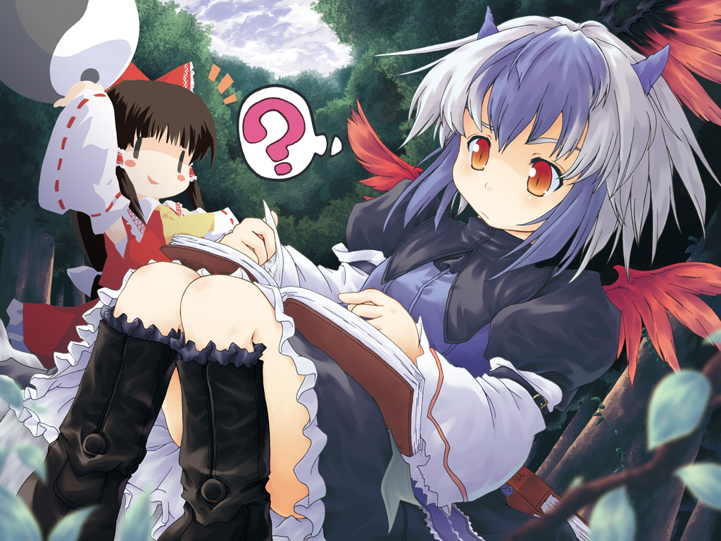 paji, hakurei reimu, tokiko (touhou), touhou, 2girls, ?, female focus, forest, head wings, multicolored hair, multiple girls, nature, outdoors, plant, sky, wings