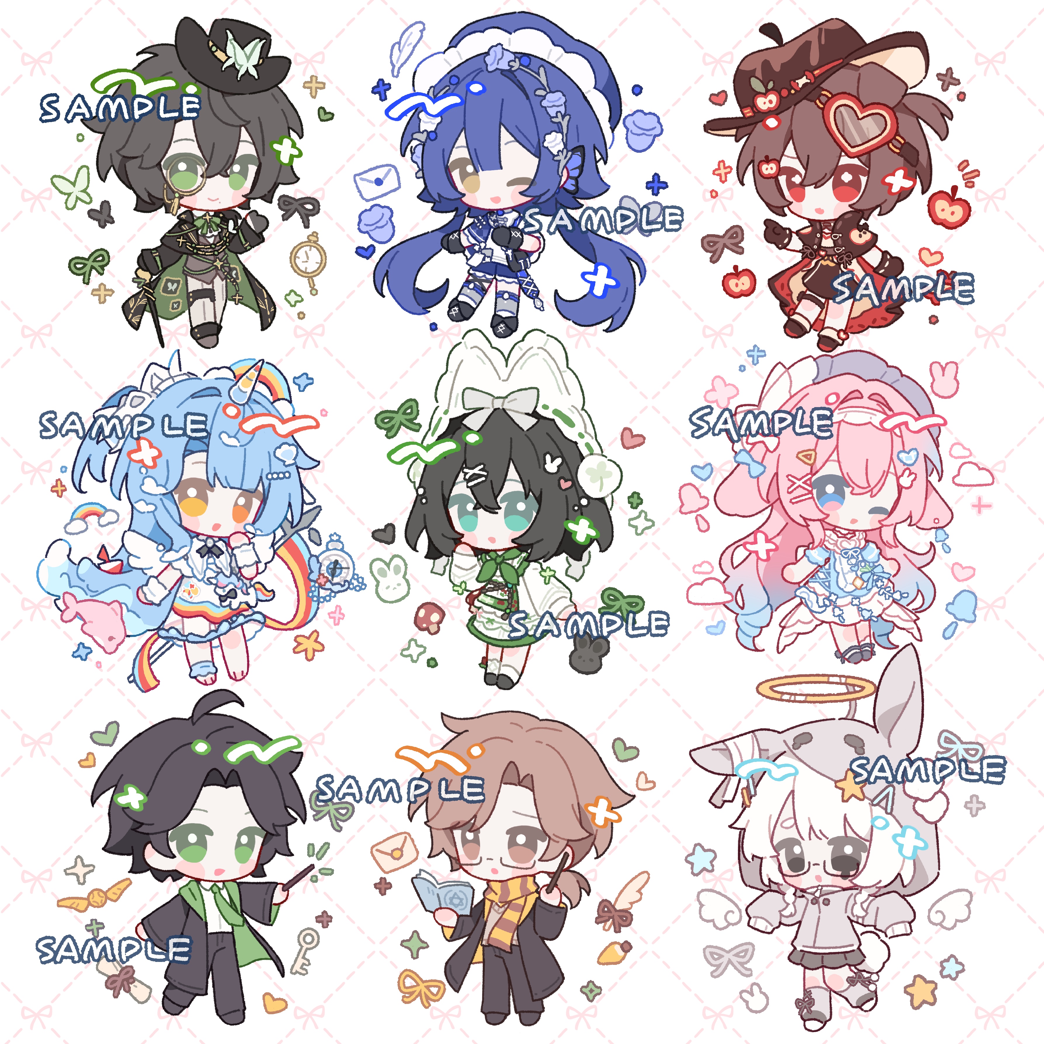 cyano, original, absurdres, highres, 3boys, 6+girls, :d, :o, ;d, ahoge, animal hat, bag, barefoot, black-framed eyewear, black cape, black coat, black eyes, black gloves, black hair, black hat, black ribbon, black shoes, black skirt, blue dress, blue eyes, blue flower, blue hair, blue shirt, blue shorts, blue socks, blunt bangs, blush stickers, book, bow, bowtie, braid, brown eyes, brown hair, brown hat, brown scarf, brown shoes, brown skirt, brown sweater, butterfly hat ornament, cane, cape, chibi, chibi only, closed mouth, coat, crossed bangs, double-parted bangs, dress, feathered wings, feathers, flower, frilled dress, frills, full body, glasses, gloves, gradient hair, green bow, green bowtie, green eyes, green necktie, green ribbon, green skirt, grey bow, grey jacket, grey socks, grey vest, grid background, hair between eyes, hair bow, hair flower, hair ornament, hairclip, halo, hand up, hat, hat ornament, heart, heart hair ornament, heterochromia, holding, holding book, holding cane, holding wand, jacket, key, long hair, long sleeves, low twintails, low wings, maid headdress, monocle, multicolored hair, multiple boys, multiple girls, mushroom, neck ribbon, necktie, one eye closed, one side up, open clothes, open coat, open mouth, orange eyes, pants, parted bangs, pink hair, pleated skirt, pocket watch, purple hat, rabbit hair ornament, rabbit hat, red eyes, ribbon, sample watermark, scarf, see-through clothes, see-through dress, semi-rimless eyewear, shirt, shoes, short hair, short sleeves, shorts, shoulder bag, skirt, sleeves past fingers, sleeves past wrists, smile, socks, standing, star (symbol), striped clothes, striped scarf, sweater, thick eyebrows, thigh strap, traditional halo, twin braids, twintails, two-tone hair, two-tone scarf, under-rim eyewear, unicorn horn, very long hair, vest, wand, watch, watermark, white background, white hair, white hat, white pants, white shoes, white socks, white wings, wings, wrist cuffs, x hair ornament, yellow eyes, yellow halo, yellow scarf