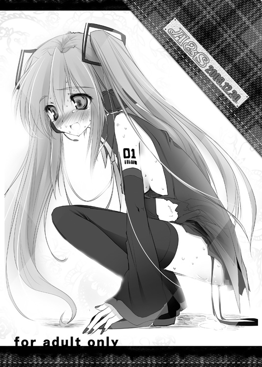 mugen dai, hatsune miku, vocaloid, 1girl, bare shoulders, detached sleeves, female focus, full body, greyscale, long hair, monochrome, simple background, solo, squatting, tattoo, thighhighs, twintails, very long hair, white background, zettai ryouiki