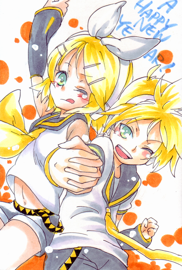 mitsuki meia, kagamine len, kagamine rin, vocaloid, 1boy, 1girl, back-to-back, brother and sister, hetero, holding hands, one eye closed, siblings, twins, wink