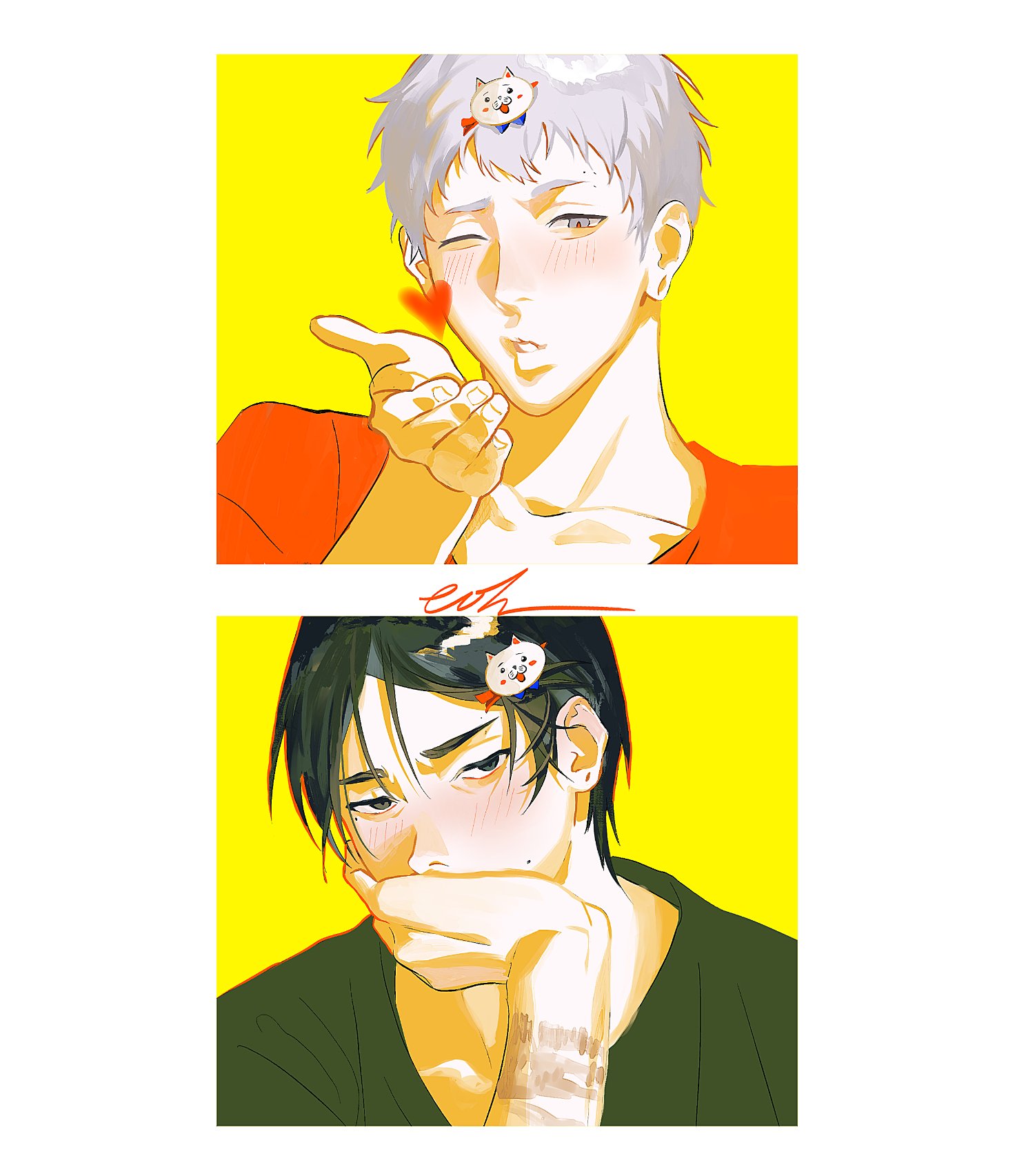 eohme, indou hikaru, tsujinaka yoshiki, hikaru ga shinda natsu, commentary, english commentary, highres, 2boys, black eyes, black hair, black shirt, blowing kiss, blush, border, collarbone, hair ornament, hairpin, hand on own face, heart, male focus, mole, mole on cheek, mole under eye, multiple boys, multiple moles, one eye closed, orange shirt, red pupils, shirt, short hair, signature, upper body, white border, white hair, yaoi, yellow background