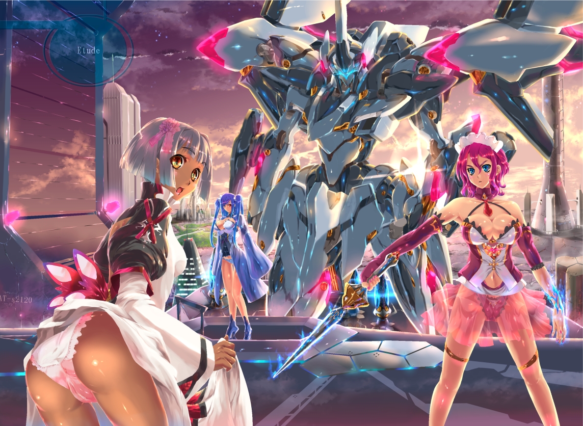 yoshimoto (dear life), 3girls, ass, breasts, cleavage, large breasts, looking back, mecha, medium breasts, multiple girls, panties, robot, see-through clothes, sword, underwear, weapon