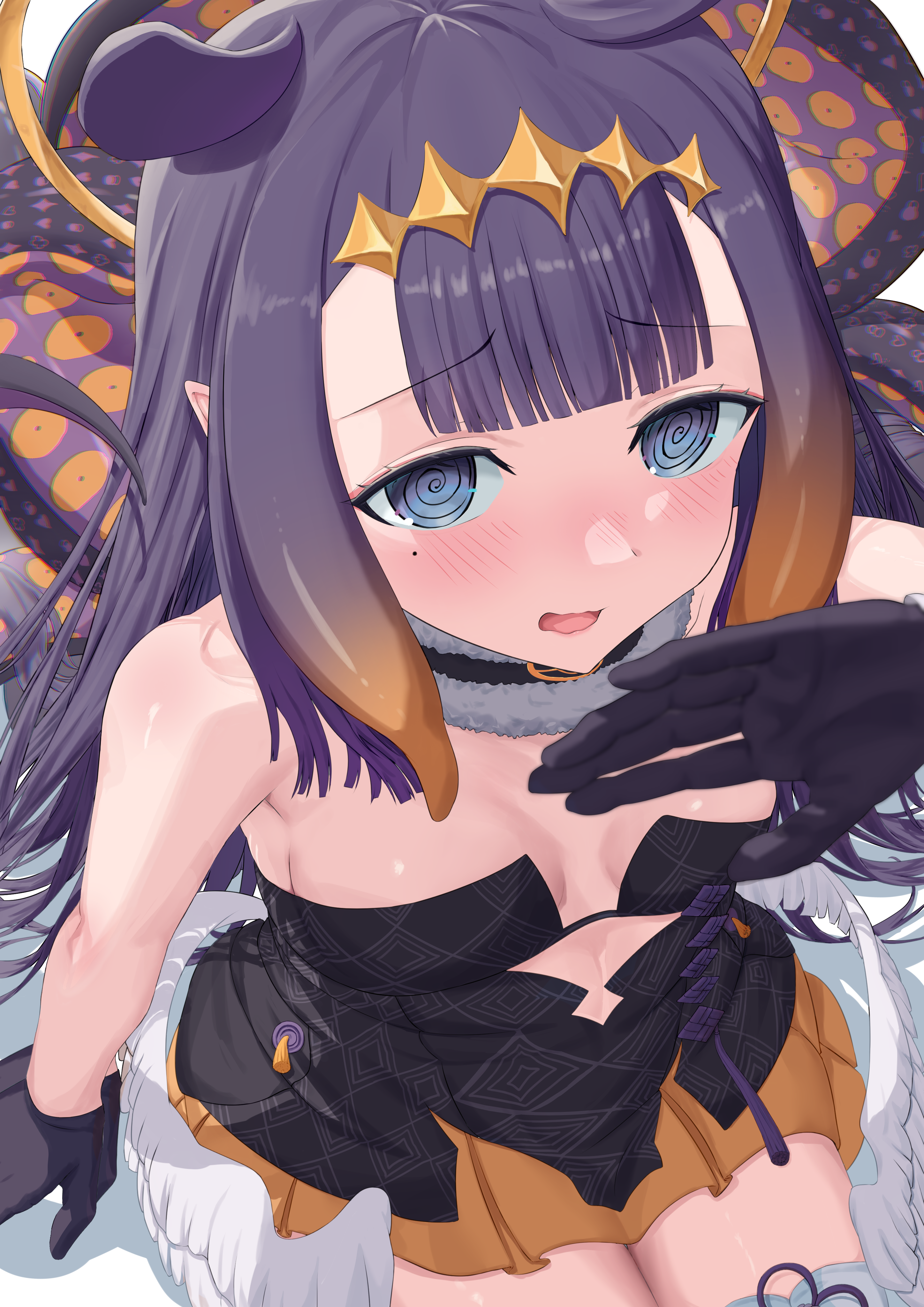 majin (mazimazindayo), ninomae ina'nis, ninomae ina'nis (1st costume), hololive, hololive english, absurdres, highres, 1girl, @ @, black dress, blue eyes, blunt bangs, blush, breasts, clothing cutout, cutout above navel, diamond hairband, dress, feathered wings, fur-trimmed collar, fur trim, gradient hair, halo, long hair, looking at viewer, low wings, multicolored hair, open mouth, orange hair, pointy ears, purple hair, small breasts, solo, strapless, strapless dress, tentacle hair, tentacles, tube dress, virtual youtuber, wings, yellow halo