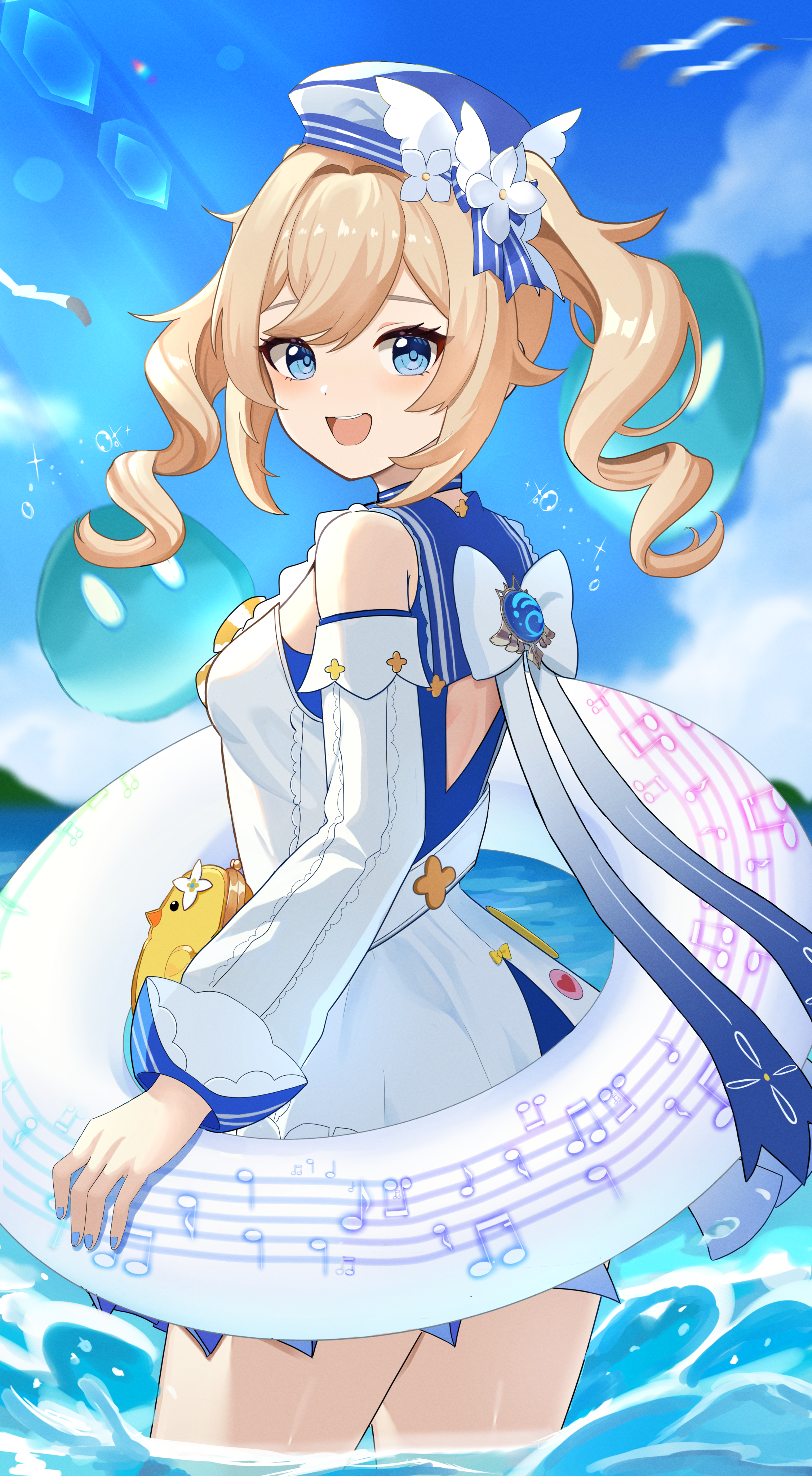 barbara (genshin impact), barbara (summertime sparkle) (genshin impact), hydro slime (genshin impact), slime (genshin impact), genshin impact, absurdres, highres, 1girl, beret, blonde hair, blue eyes, blue nails, blush, breasts, detached sleeves, hat, hydro symbol (genshin impact), innertube, long sleeves, looking at viewer, looking back, medium breasts, musical note, musical staff, musical staff print, official alternate costume, official alternate hairstyle, one-piece swimsuit, open mouth, sleeveless, smile, sorairomatsuge, swim ring, swimsuit, twintails, vision (genshin impact), wavy hair, white one-piece swimsuit