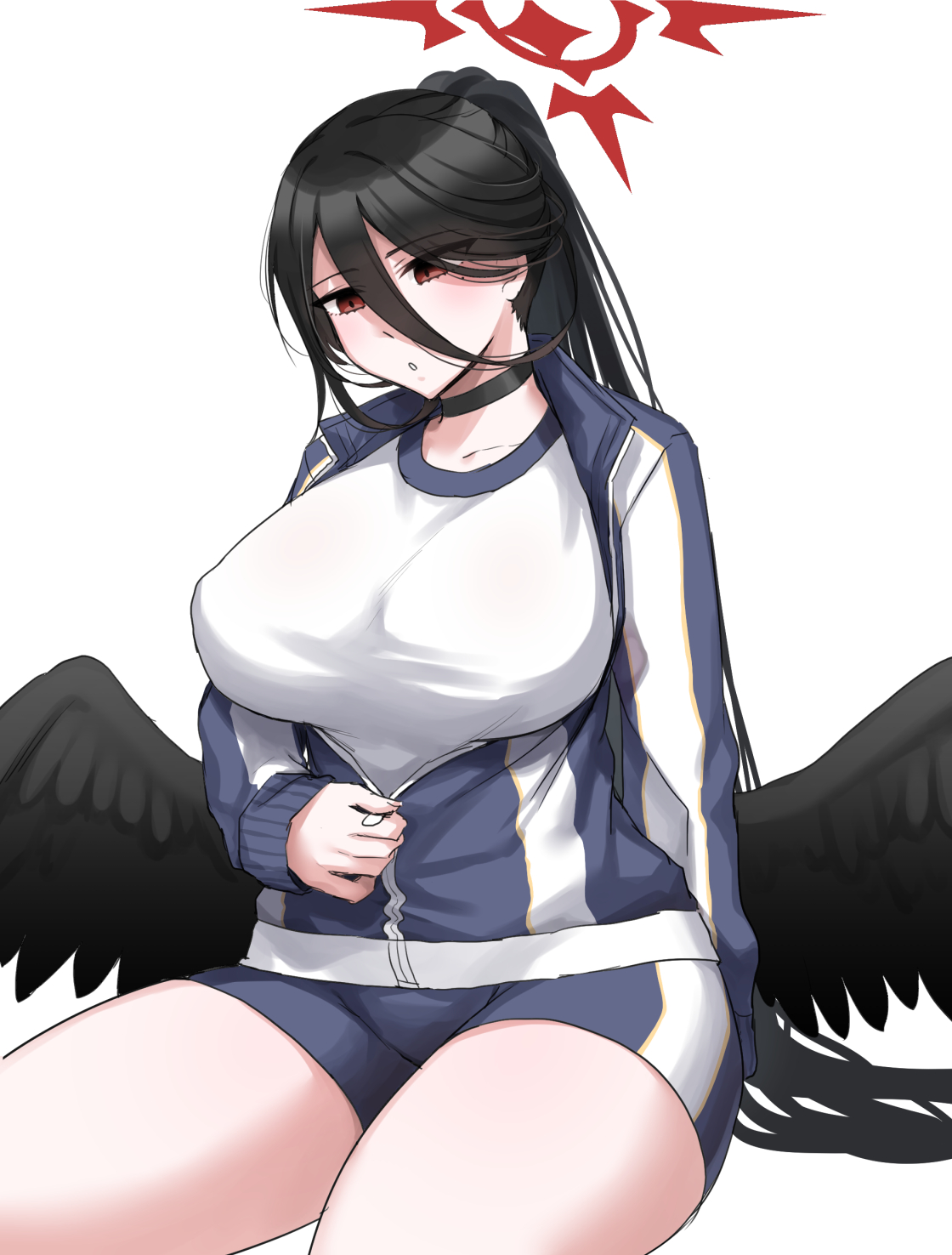 gumisyrup, hasumi (blue archive), hasumi (track) (blue archive), blue archive, commentary request, highres, 1girl, black choker, black hair, black wings, breasts, choker, feathered wings, gym shorts, gym uniform, halo, jacket, large breasts, long hair, long sleeves, mole, mole under eye, official alternate costume, parted lips, red eyes, red halo, shirt, shorts, simple background, sitting, track jacket, white background, white shirt, wings, zipping