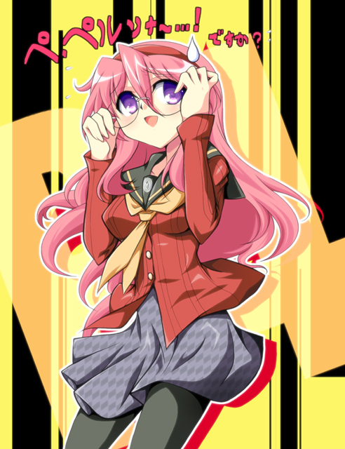 ka2, amagi yukiko, takara miyuki, atlus, lucky star, persona, persona 4, translation request, 1girl, amagi yukiko (cosplay), cosplay, female focus, glasses, long hair, pantyhose, pink hair, purple eyes, school uniform, solo, sweatdrop