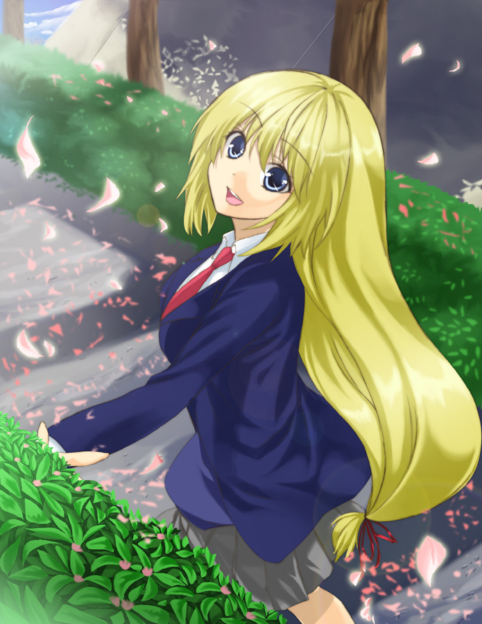 unowen, original, blazer, blonde hair, blue eyes, cherry blossoms, jacket, long hair, skirt, solo