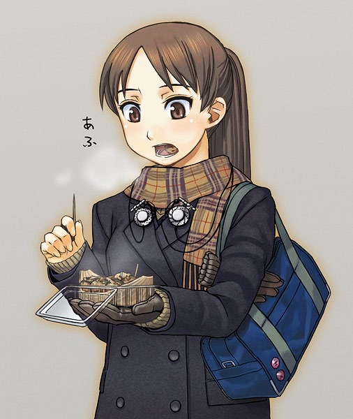 itou (onsoku tassha), original, 1girl, bag, brown eyes, brown hair, buttons, coat, double-breasted, eating, female focus, food, gloves, long hair, open mouth, plaid clothes, plaid scarf, ponytail, scarf, simple background, single glove, solo, takoyaki