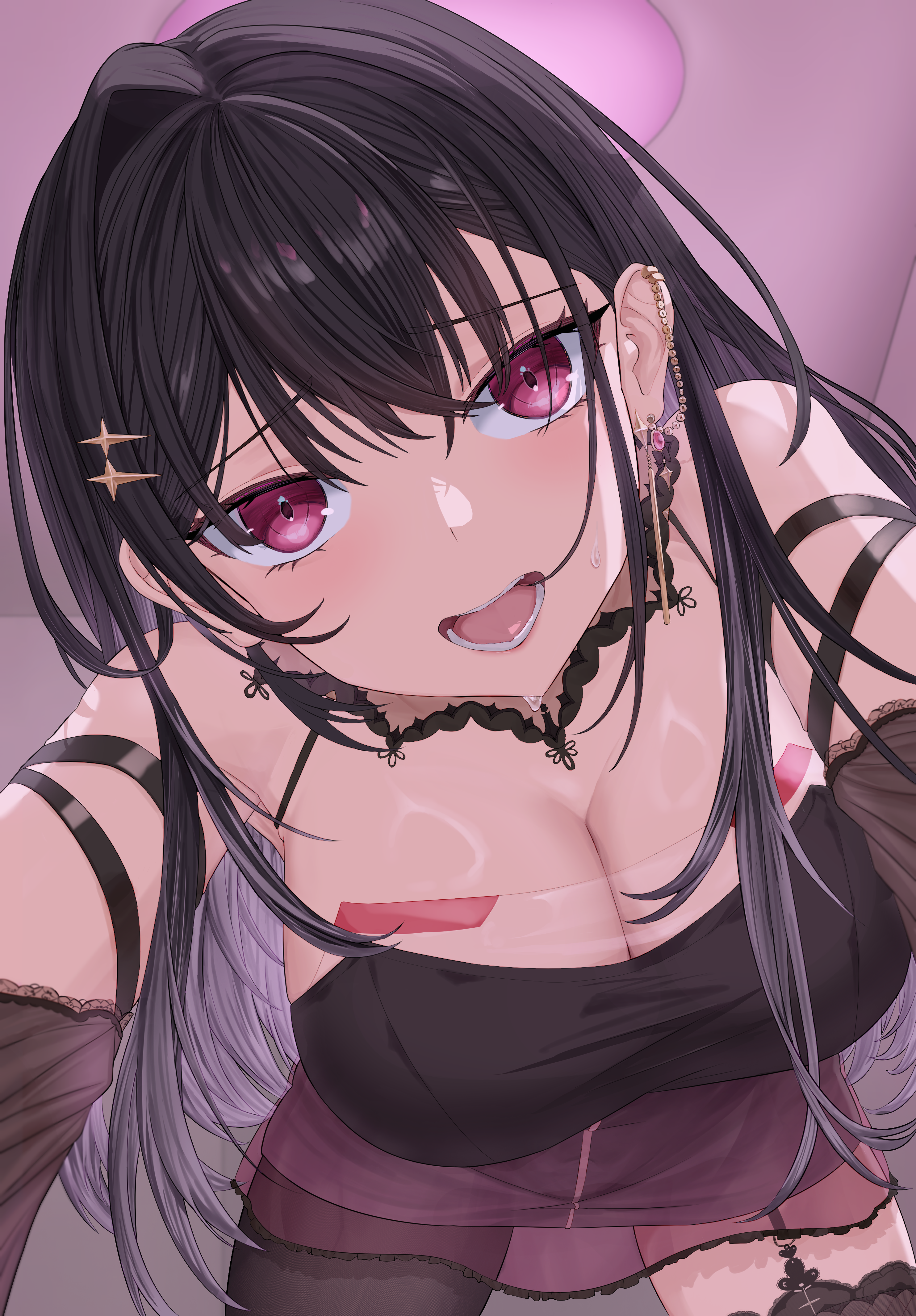 majin (mazimazindayo), kuroha arya, vspo!, vspo! en, absurdres, highres, 1girl, arm ribbon, bare shoulders, black dress, black hair, black ribbon, breasts, cleavage, crossed bangs, detached sleeves, dress, ear chain, ear piercing, earrings, foreshortening, garter straps, girl on top, gradient hair, grey hair, indoors, jewelry, lace, lace-trimmed collar, lace sleeves, lace trim, large breasts, linked piercing, long hair, looking at viewer, multicolored hair, multiple earrings, o-ring strap, open mouth, outstretched arms, piercing, pov, purple dress, purple eyes, reaching, reaching towards viewer, ribbon, see-through cleavage, see-through clothes, see-through dress, see-through dress layer, see-through sleeves, single earring, single hair intake, single leg pantyhose, single thighhigh, solo, sweat, thighhighs, very long hair, virtual youtuber, zipper