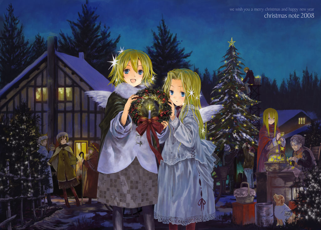 otohiko takano, takano otohiko, original, 00s, 2008, 6+girls, :d, basket, bird wings, blonde hair, blue eyes, building, candle, christmas, christmas ornaments, christmas tree, christmas wreath, dog, holding, long hair, long sleeves, looking at viewer, multiple girls, night, open mouth, outdoors, pantyhose, short hair, sky, smile, snow, standing, star (symbol), tree, white wings, wings, winter, wreath