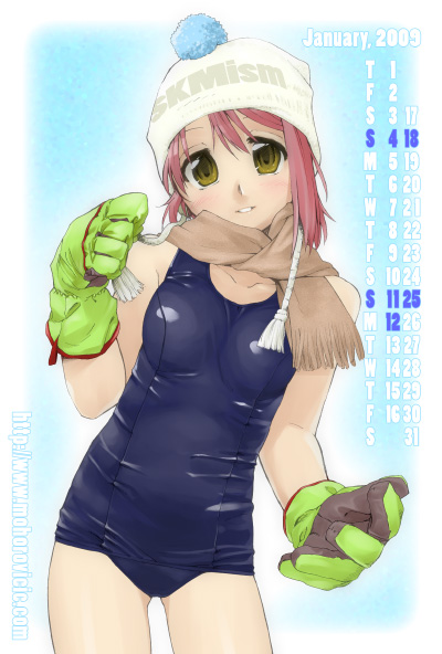 kujou hyotarouo, 1girl, beanie, calendar, female focus, gloves, hat, one-piece swimsuit, scarf, school swimsuit, shiny clothes, skindentation, solo, swimsuit