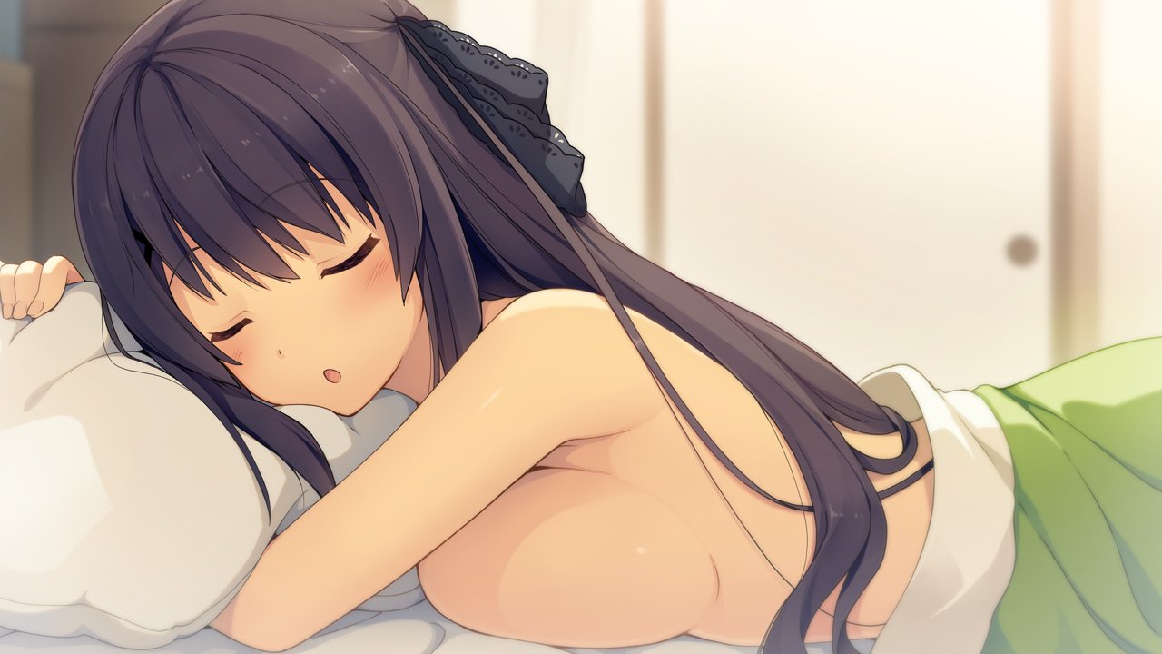 suzumori, tobisawa misaki, ao no kanata no four rhythm, commentary, english commentary, official art, second-party source, 1girl, black ribbon, blush, breasts, facing viewer, hair ribbon, head on pillow, indoors, long hair, lying, on bed, on stomach, parted lips, pillow, raised eyebrows, ribbon, sideboob, sleeping, solo, under covers