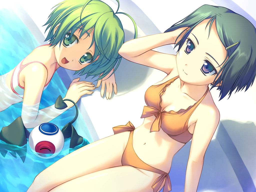 shida kazuhiro, granitiana cristia, wiz anniversary, non-web source, 2girls, bikini, dutch angle, eyeball, green eyes, green hair, multiple girls, orange bikini, pool, purple eyes, short hair, swimsuit
