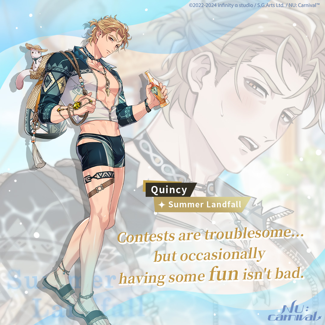 quincy (nu carnival), quincy (summer landfall) (nu carnival), topper (nu carnival), infinity alpha studio, nu carnival, commentary, english commentary, official art, 1boy, abs, animal, animal on back, anklet, bag, bags under eyes, blonde hair, bottle, bracelet, character name, choker, closed mouth, copyright name, copyright notice, crop top, drinking straw, english text, ermine, full body, gem, green choker, green jacket, green male swimwear, green sandals, hat, holding, holding bottle, holding strap, jacket, jewelry, looking at viewer, male focus, male swimwear, midriff, multicolored jacket, muscular, muscular male, navel, necklace, official alternate costume, open clothes, open jacket, open mouth, pectoral cleavage, pectorals, ponytail, red eyes, ring, sandals, short hair, short ponytail, shoulder bag, soda bottle, solo, sun hat, sweatdrop, swim trunks, swimsuit, tassel, thigh strap, unworn hat, unworn headwear, weasel, yellow gemstone, zipper, zoom layer