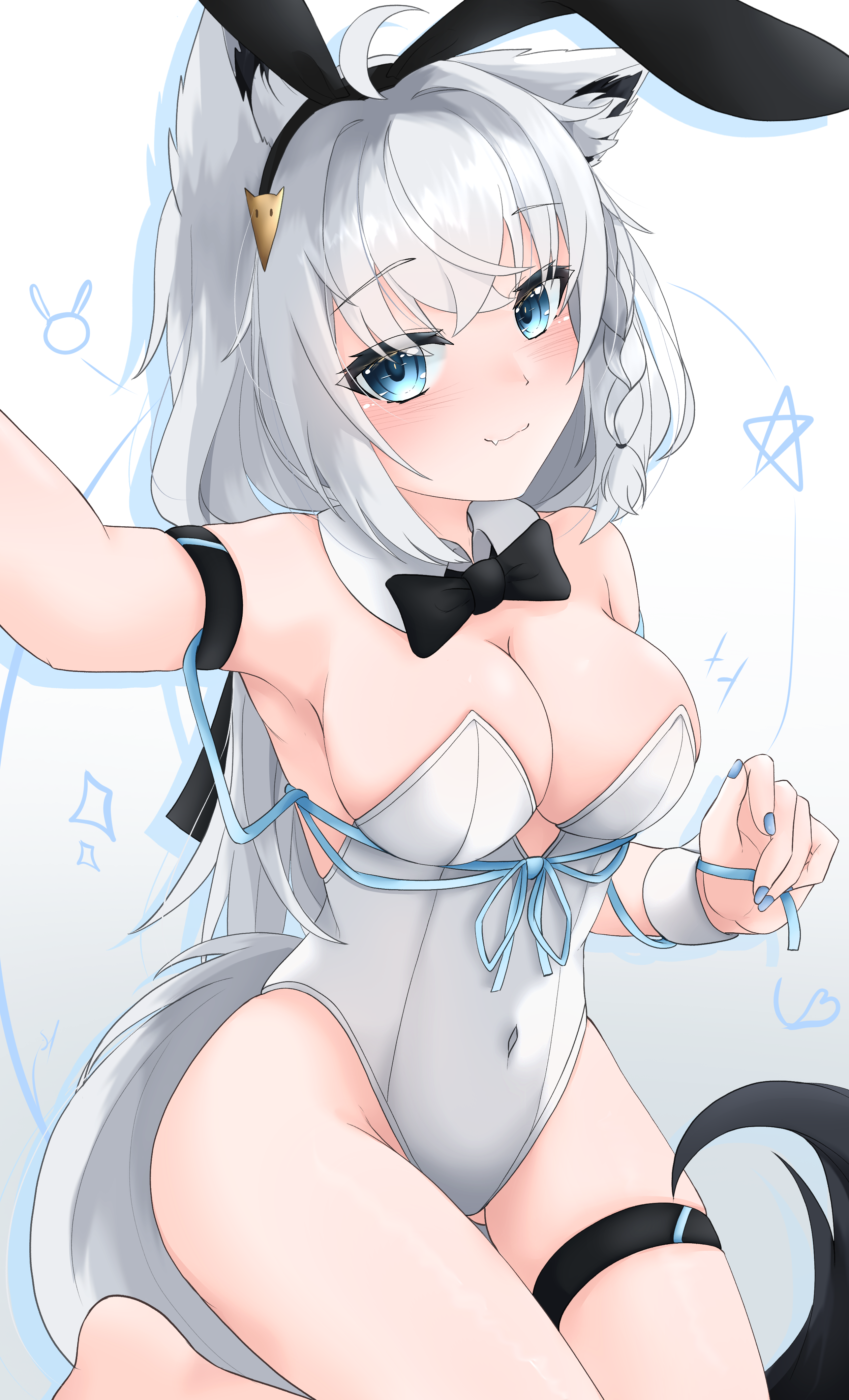 st-147, shirakami fubuki, hololive, absurdres, highres, 1girl, ahoge, alternate costume, animal ear fluff, animal ears, aqua eyes, aqua nails, aqua ribbon, arm up, armpits, blush, braid, breasts, cleavage, closed mouth, covered navel, detached collar, fake animal ears, fox ears, fox girl, fox tail, large breasts, leotard, long hair, looking at viewer, pentagram, playboy bunny, ribbon, side braid, simple background, smile, strapless, strapless leotard, tail, thigh strap, white background, white leotard