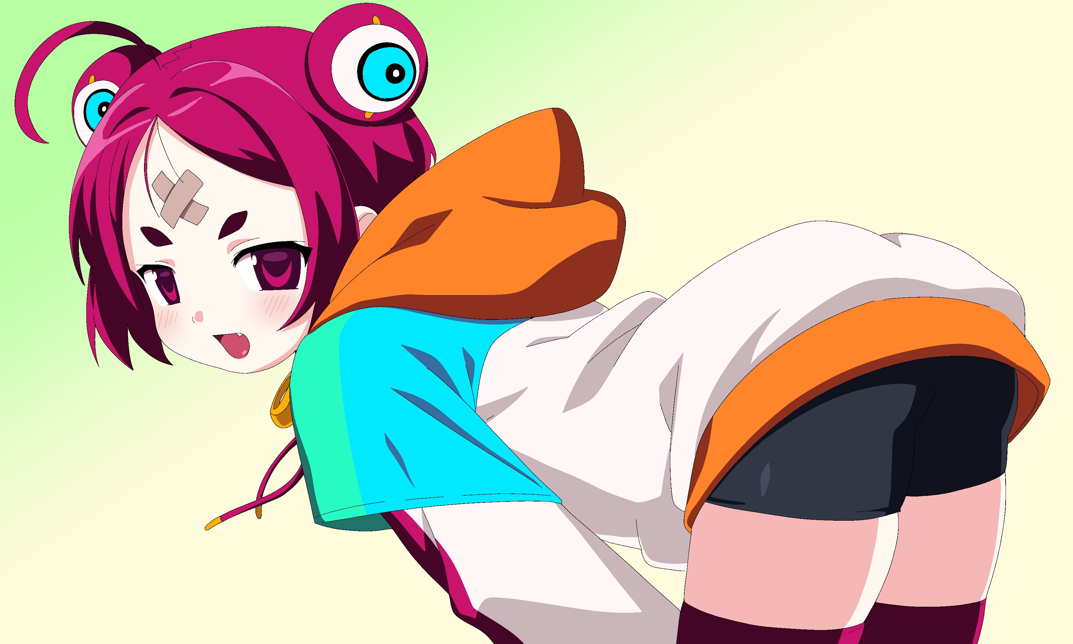 bk (barakoodra), original, absurdres, highres, 1girl, 2000s (style), alien, bandaid, bandaid on face, bandaid on forehead, bent over, black shorts, blush, double bun, faux retro artstyle, hair bun, hood, hoodie, open mouth, pink eyes, pink hair, short shorts, shorts, smile, solo, thighhighs