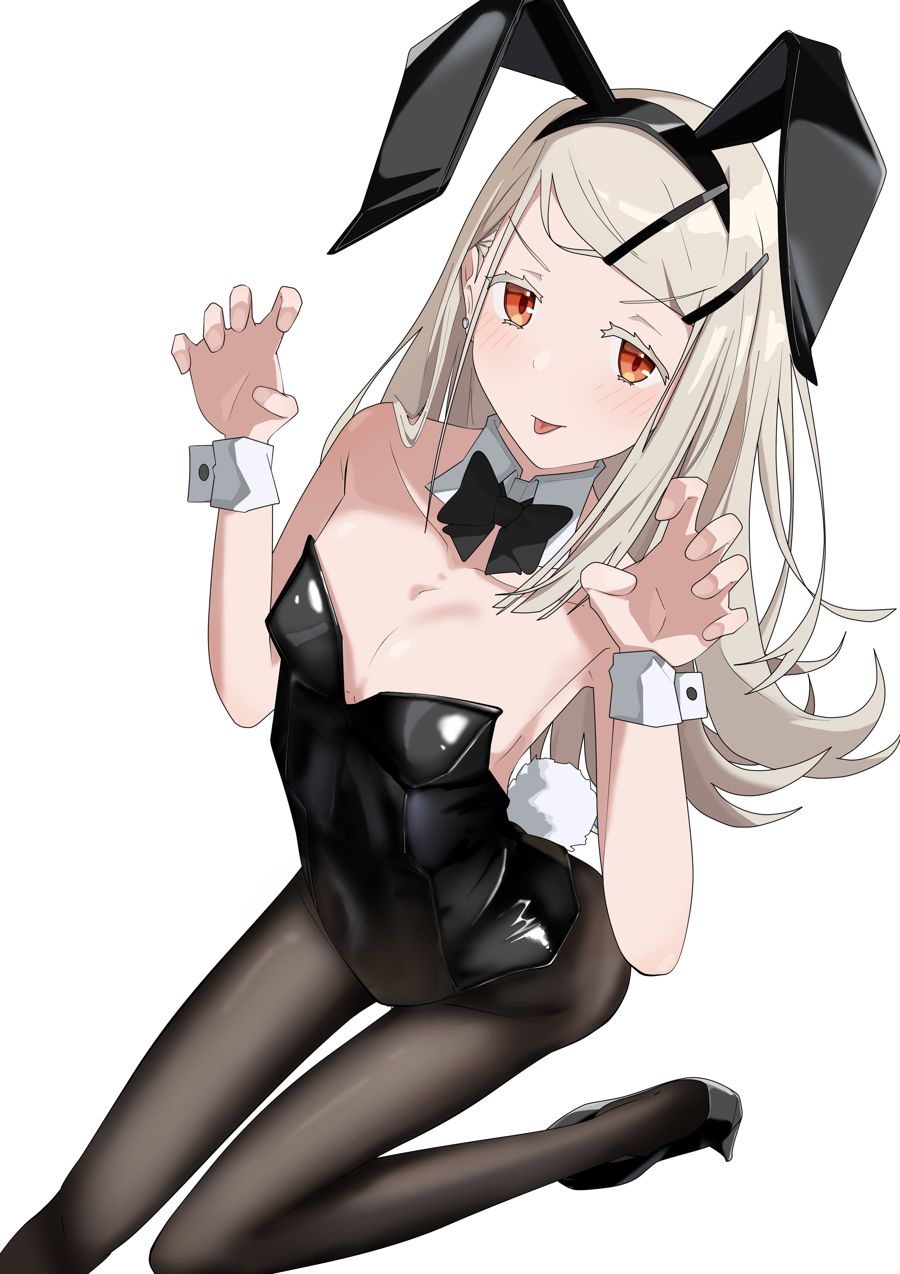 same same shark, shinosawa hiro, gakuen idolmaster, idolmaster, absurdres, commentary request, highres, 1girl, animal ear hairband, animal ears, black leotard, black pantyhose, blonde hair, breasts, cowboy shot, curled fingers, detached collar, fake animal ears, hairband, leotard, long hair, orange eyes, pantyhose, playboy bunny, rabbit ears, rabbit tail, simple background, small breasts, solo, strapless, strapless leotard, tail, tongue, tongue out, white background, wrist cuffs