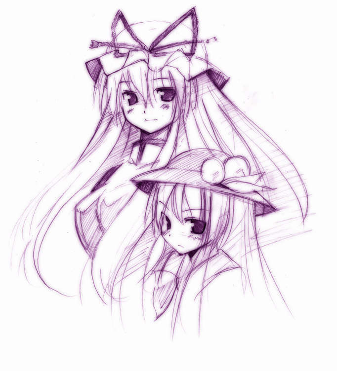seo tatsuya, hinanawi tenshi, yakumo yukari, touhou, 2girls, female focus, food, fruit, hat, leaf, monochrome, multiple girls, peach, purple theme, sketch