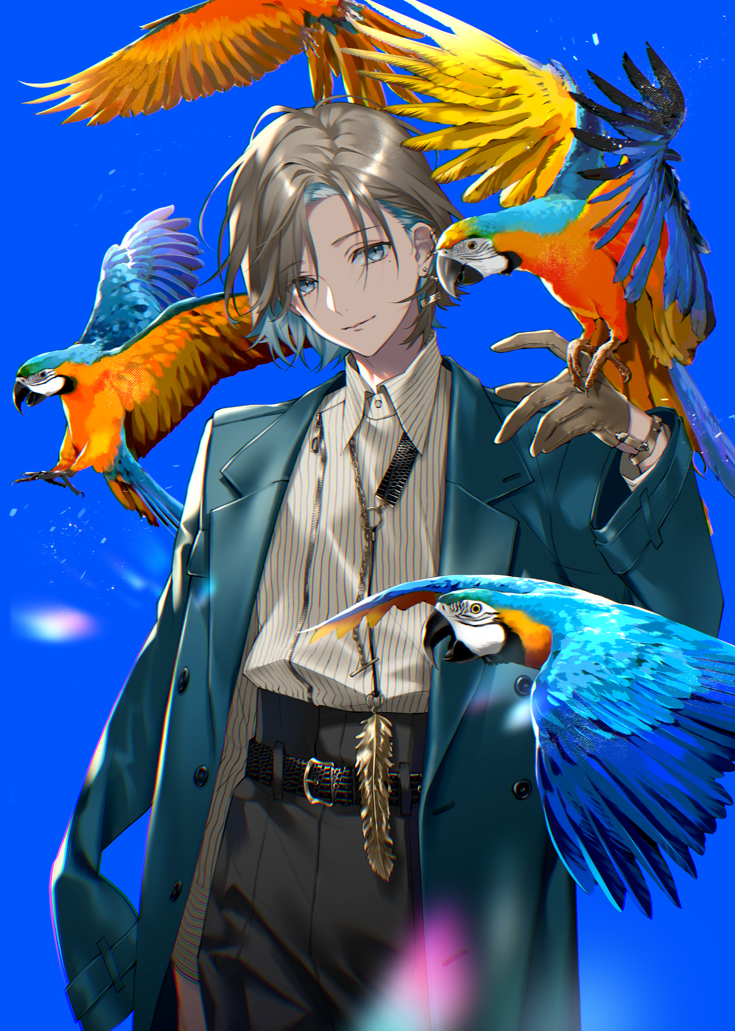 akke (akke299), kanae (nijisanji), nijisanji, highres, 1boy, animal, belt, bird, bird on hand, black belt, black pants, blue background, blue coat, blue eyes, blue hair, bracelet, brown gloves, brown hair, buckle, closed mouth, coat, coat on shoulders, collared shirt, cowboy shot, earrings, glint, gloves, grey hair, hand up, head tilt, jewelry, long sleeves, looking at viewer, male focus, mole, mole under eye, multicolored hair, necklace, necktie, open clothes, pants, parrot, shirt, short hair, simple background, smile, solo, standing, striped clothes, striped shirt, two-tone hair, vertical-striped clothes, vertical-striped shirt, virtual youtuber, white shirt
