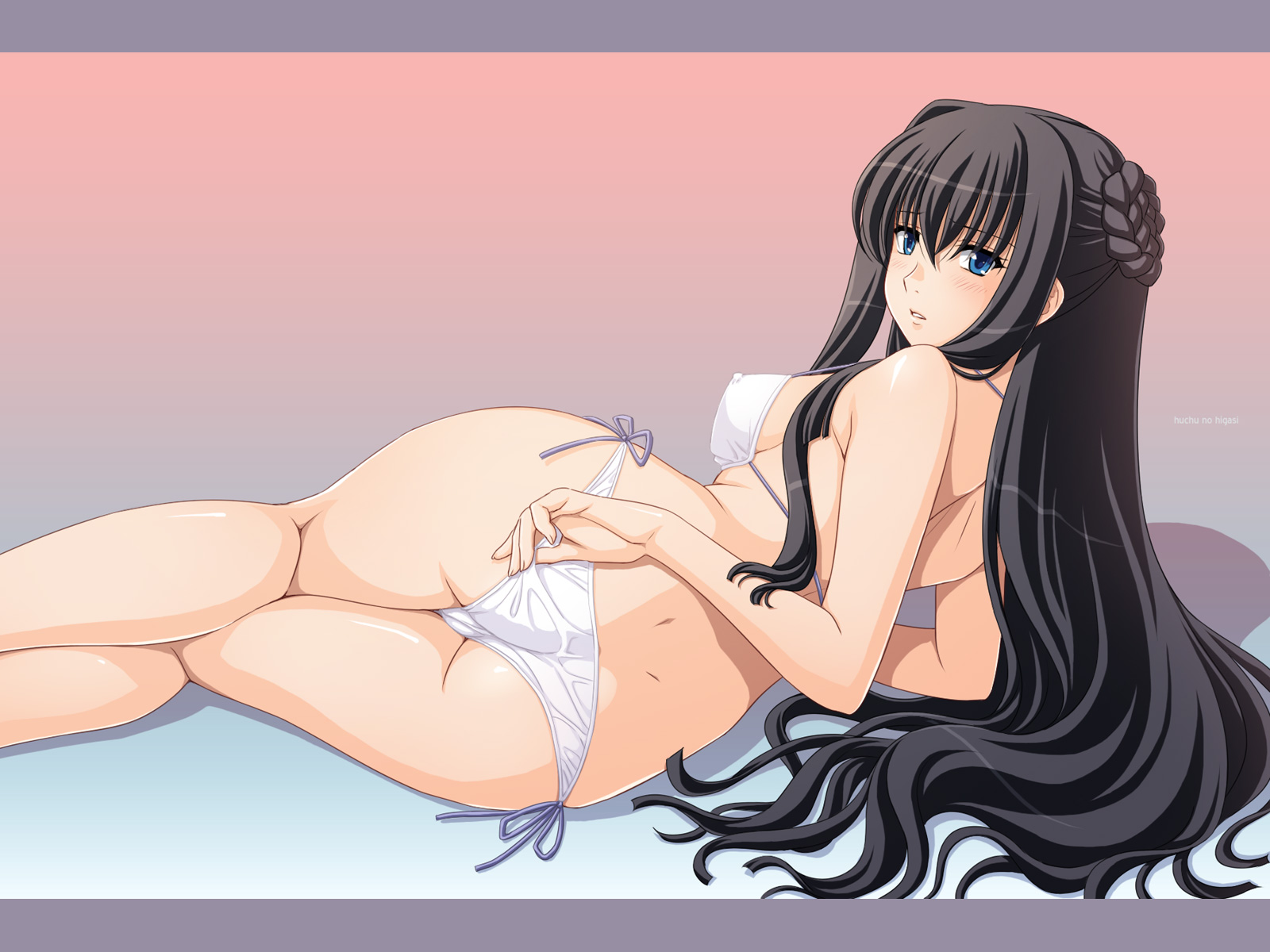 tadano akira, marina ismail, gundam, gundam 00, highres, 00s, 1girl, ass, bikini, black hair, blue eyes, blush, braid, breasts, covered erect nipples, dimples of venus, female focus, from behind, long hair, looking at viewer, lying, medium breasts, on side, parted lips, side-tie bikini bottom, solo, swimsuit, white bikini