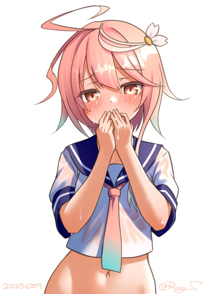 ray.s, i-58 (kancolle), kantai collection, commentary request, cropped, 1girl, ahoge, blue sailor collar, bottomless, cloud, dated, day, gradient neckerchief, hair between eyes, hair ornament, looking at viewer, navel, neckerchief, orange eyes, outdoors, pink hair, sailor collar, school uniform, serafuku, short hair, short sleeves, solo, upper body