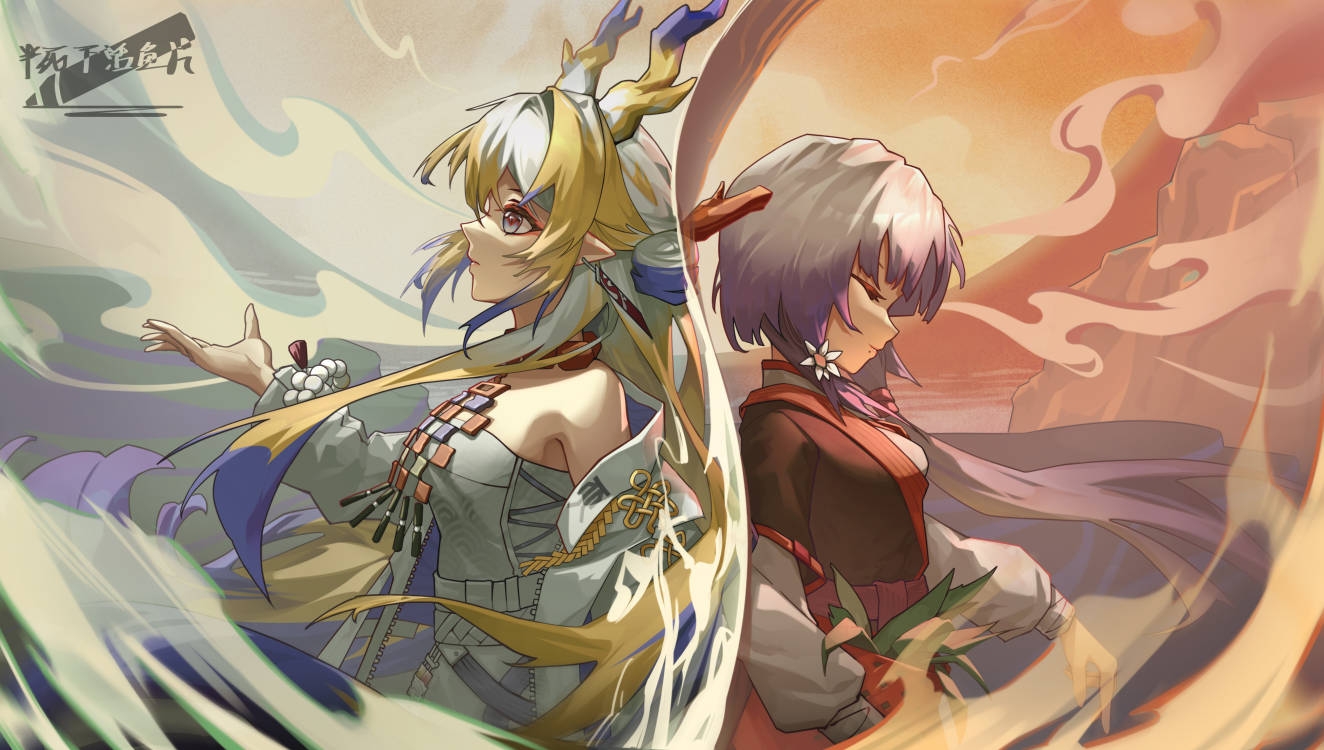 bansibuhuo yu pian, shennong (arknights), shu (arknights), arknights, 2girls, blonde hair, blue hair, breasts, closed eyes, closed mouth, dragon girl, dragon horns, earrings, eastern dragon horns, green eyes, hair ornament, horns, jacket, jewelry, long sleeves, medium breasts, multicolored hair, multiple girls, pointy ears, shirt, strapless, strapless shirt, tassel, tassel earrings, white hair, white jacket, white shirt