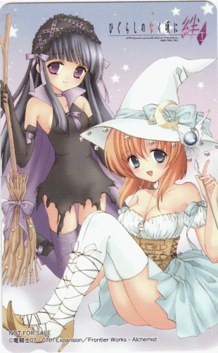 houjou yutori, furude rika, ryuuguu rena, higurashi no naku koro ni, lowres, non-web source, scan, 00s, 2girls, black hair, black theme, black vs white, blue eyes, broom, brown hair, hairband, hat, long hair, multiple girls, phonecard, purple eyes, short hair, thighhighs, white theme, witch, witch hat