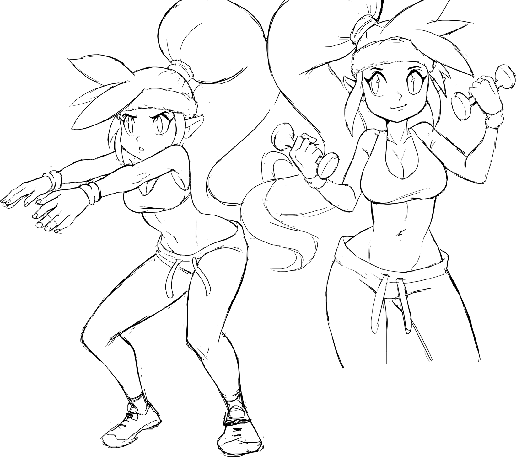teevo, nega-shantae, shantae, shantae (series), arms outstretched, breasts, cleavage, cleft of venus, crop top, dumbbell, exercising, large breasts, navel, pants, ponytail, sketch, squatting, sweatband, sweatpants, weightlifting, weights, workout clothes
