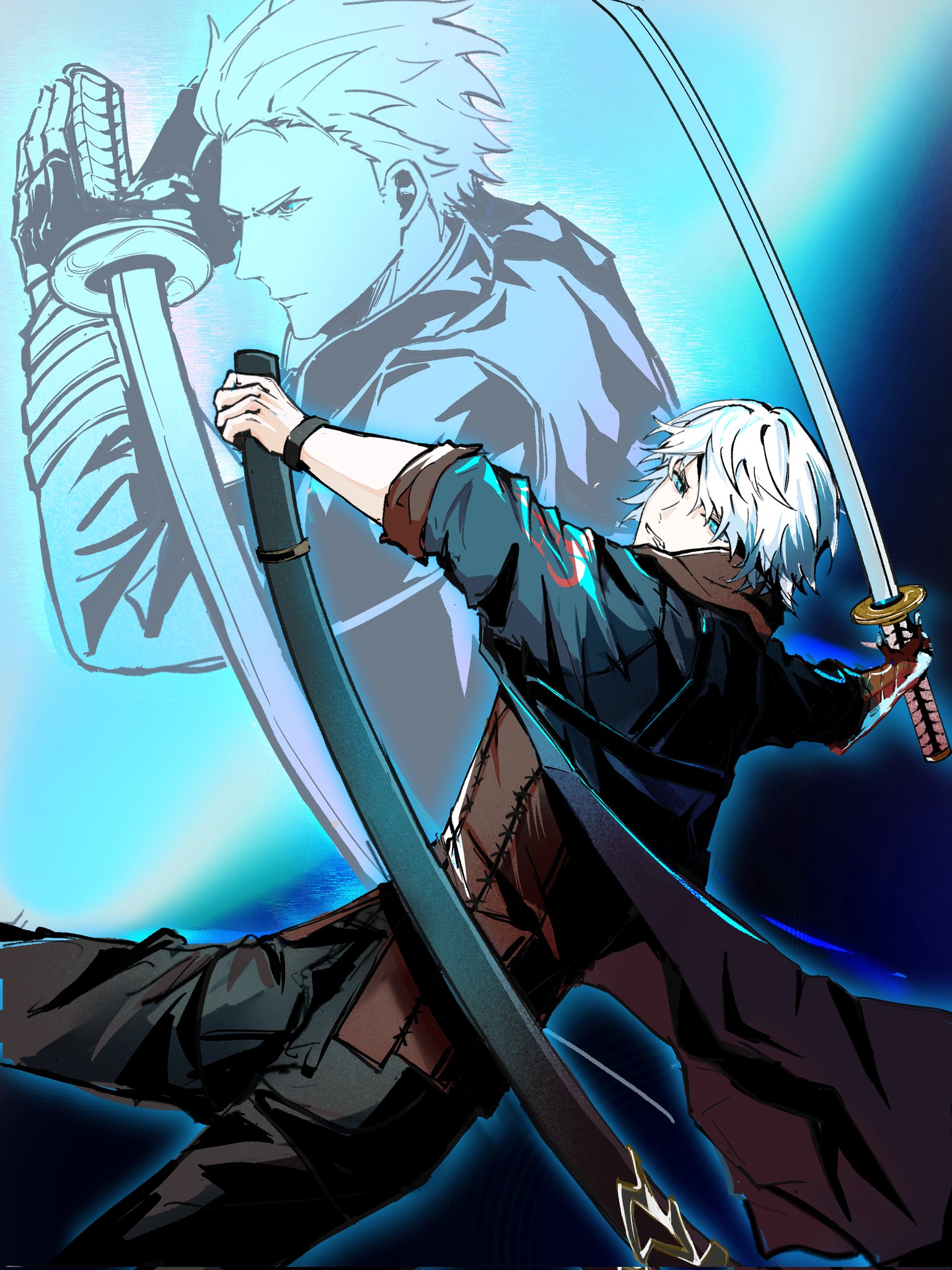 nero (devil may cry), vergil (devil may cry), devil may cry, devil may cry (series), devil may cry 4, commentary, hashtag-only commentary, highres, 2boys, aiiro47734463, black pants, blue eyes, clenched teeth, coat, father and son, fingerless gloves, gloves, hair slicked back, holding, holding sheath, holding sword, holding weapon, katana, long sleeves, male focus, multiple boys, pants, scabbard, sheath, sleeves rolled up, sword, teeth, weapon, white hair, yamato (sword)