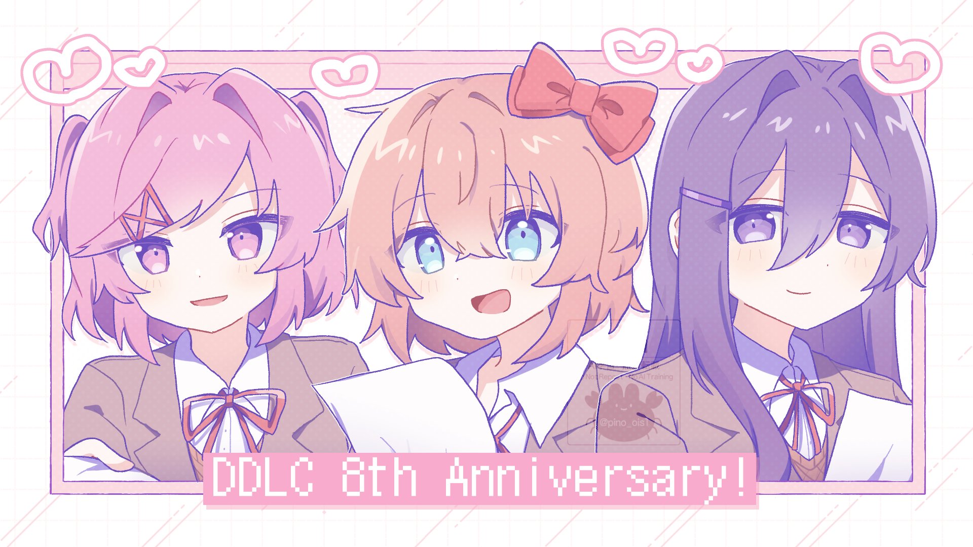 pino ois1, natsuki (doki doki literature club), sayori (doki doki literature club), yuri (doki doki literature club), doki doki literature club, commentary request, highres, 3girls, :d, blue eyes, blush, bob cut, border, bow, brown jacket, brown sweater, closed mouth, collared shirt, copyright name, doki doki literature club school uniform, dot nose, double-parted bangs, eyes visible through hair, hair between eyes, hair bow, hair intakes, hair ornament, heart, holding, holding paper, jacket, lapels, long hair, looking at object, looking at viewer, multiple girls, neck ribbon, notched lapels, open mouth, orange hair, outside border, paper, pink eyes, pink hair, portrait, purple eyes, purple hair, red bow, red ribbon, ribbon, school uniform, shirt, short hair, smile, straight hair, sweater, swept bangs, tongue, two side up, watermark, white border, white shirt, window (computing), x hair ornament