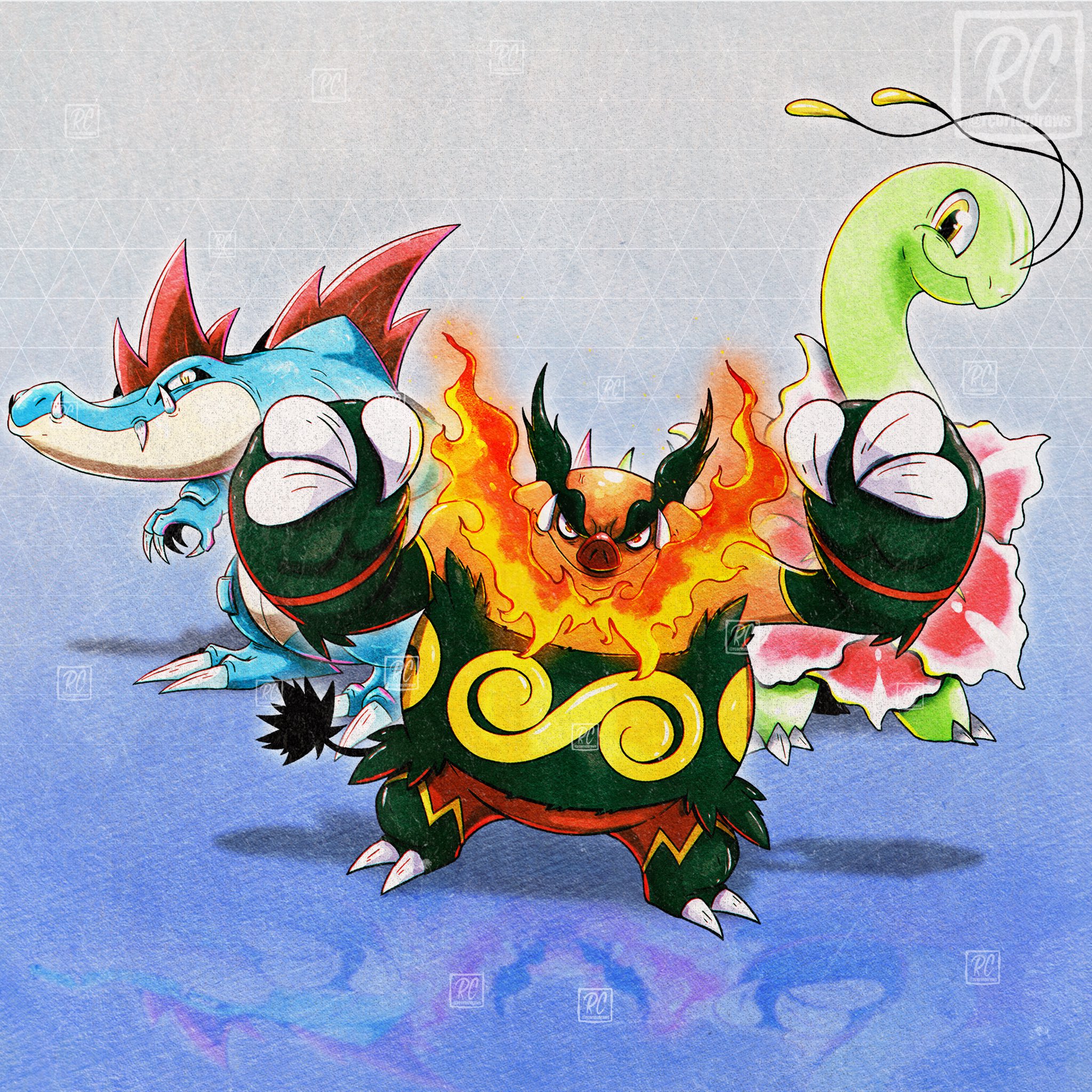 rcortezdraws, emboar, feraligatr, meganium, nintendo, pokemon, highres, antennae, black fur, blue skin, boar, claws, closed mouth, colored skin, crocodilian, fangs, fangs out, fiery hair, gen 2 pokemon, gen 5 pokemon, green skin, long neck, orange skin, pokemon (creature), red eyes, sauropod, sharp teeth, spines, starter pokemon trio, tail, teeth, thick eyebrows, tusks, two-tone fur, v-shaped eyes, yellow eyes