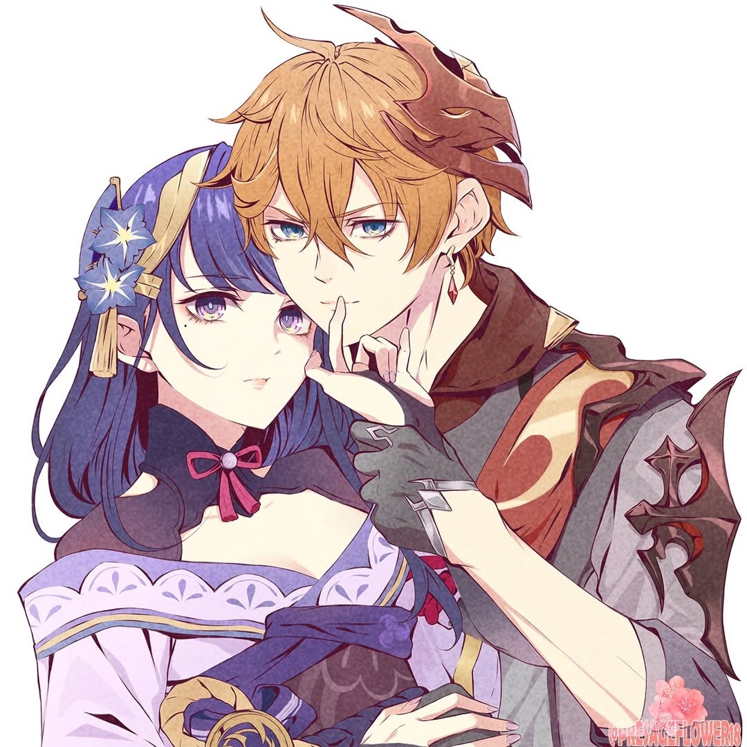 phlower luna, raiden shogun, tartaglia (genshin impact), genshin impact, 1boy, 1girl, ahoge, armor, artist name, black gloves, blue eyes, blue pupils, blunt bangs, breasts, bridal gauntlets, cleavage, closed mouth, clothing cutout, collared shirt, couple, earrings, fan hair ornament, flower, formal clothes, friends, gloves, hair between eyes, hair flower, hair ornament, head tilt, holding another's wrist, holding hands, index finger raised, japanese clothes, jewelry, kimono, large breasts, leaning on person, long hair, looking at viewer, looking to the side, mask, mask on head, mitsudomoe (shape), mole, mole under eye, multicolored eyes, neck ribbon, off shoulder, orange hair, pink lips, purple eyes, purple hair, purple kimono, purple nails, red mask, red ribbon, red sash, ribbon, sash, shade, shirt, short hair, shoulder armor, shoulder cutout, simple background, single earring, sleeves rolled up, standing, suit, tomoe (symbol), upper body, white background