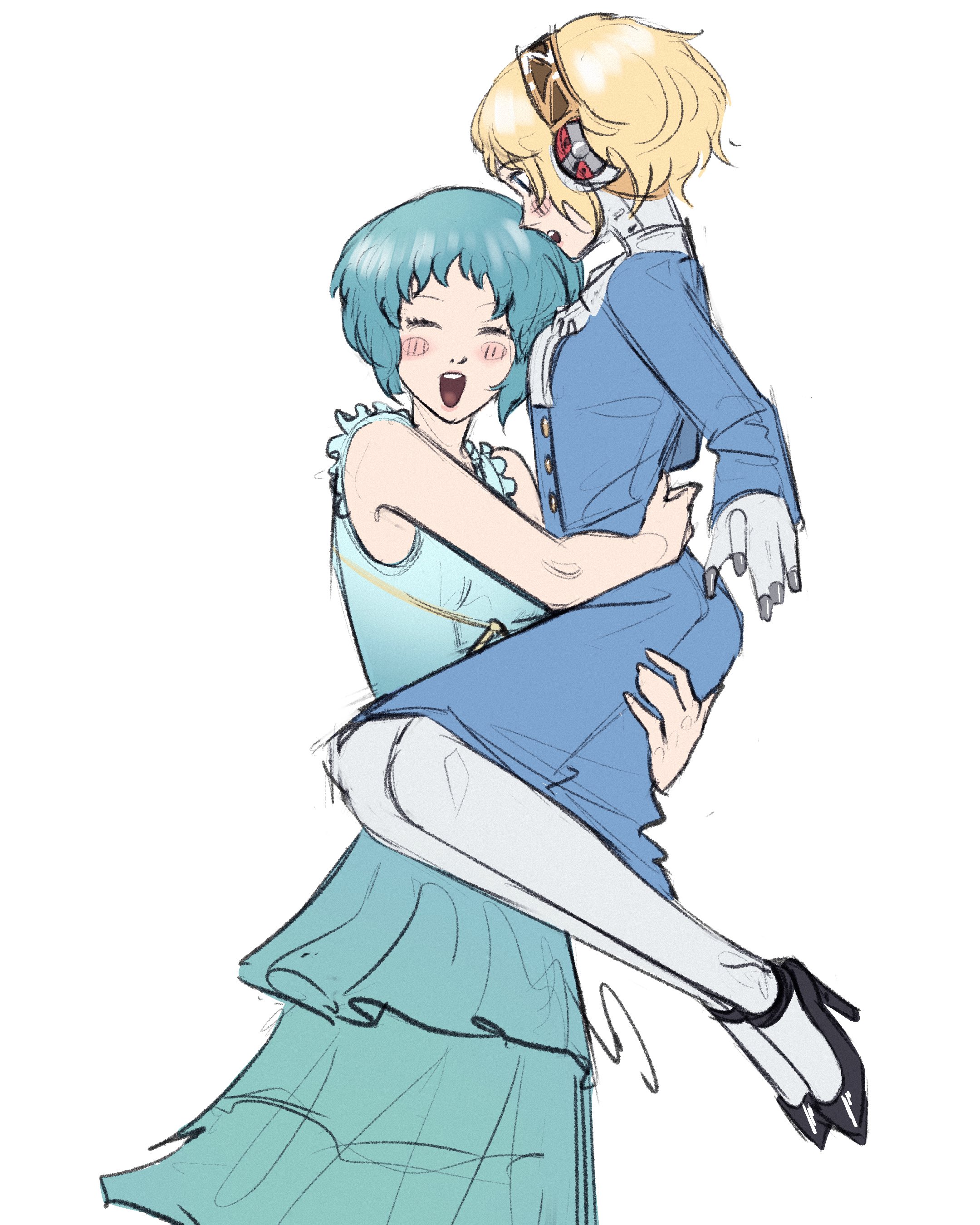 xeeoh, aigis (persona), yamagishi fuuka, persona, persona 3, absurdres, commentary, english commentary, highres, 2girls, android, aqua dress, aqua hair, arm around waist, bare shoulders, black shoes, blonde hair, blue dress, blue eyes, blush, closed eyes, dress, feet out of frame, from side, full body, gold hairband, hairband, hand on another's thigh, high heels, layered dress, lifting person, long sleeves, looking at another, mechanical hands, mechanical legs, multiple girls, open mouth, robot ears, shoes, short hair, simple background, sketch, sleeveless, sleeveless dress, smile, upper body, white background, yuri