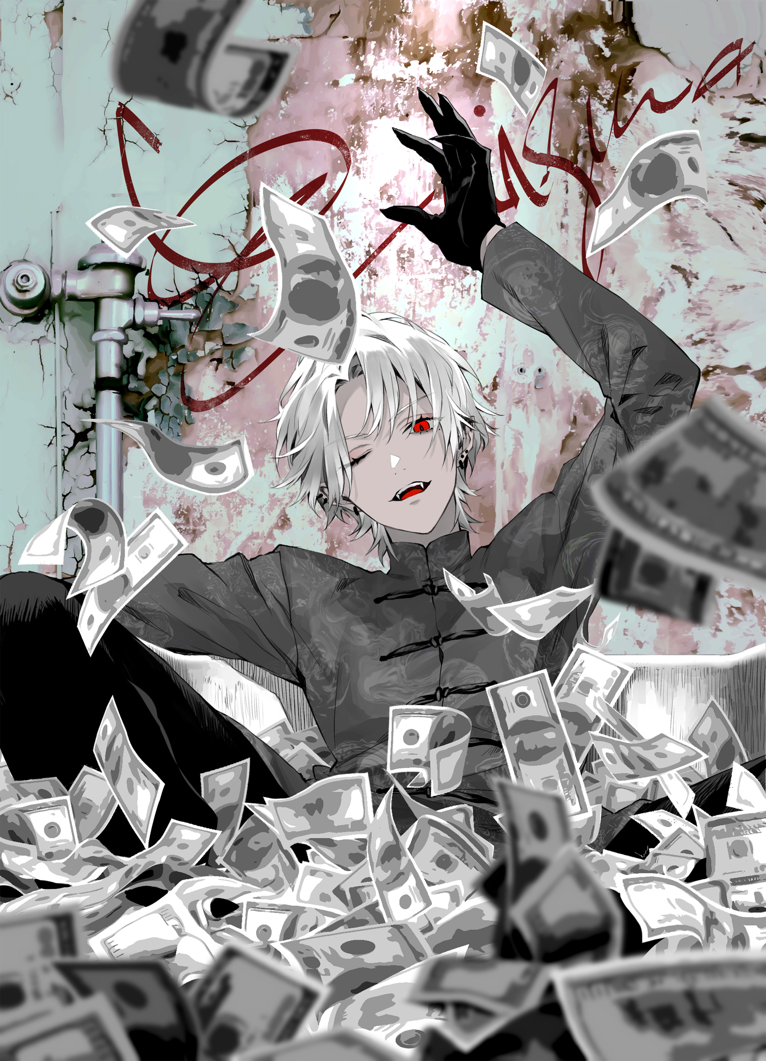 akke (akke299), kuzuha (nijisanji), nijisanji, commentary, english commentary, highres, 1boy, arm up, banknote, black gloves, black pants, blurry, blurry foreground, chinese clothes, depth of field, ear piercing, earrings, fangs, fingernails, gloves, graffiti, grey shirt, hand up, jewelry, knee up, long sleeves, looking at viewer, male focus, money, motion blur, one eye closed, open mouth, pants, piercing, pointy ears, red eyes, sharp fingernails, shirt, short hair, sitting, smile, solo, spot color, tangzhuang, teeth, tongue, tube, upper teeth only, virtual youtuber, white hair