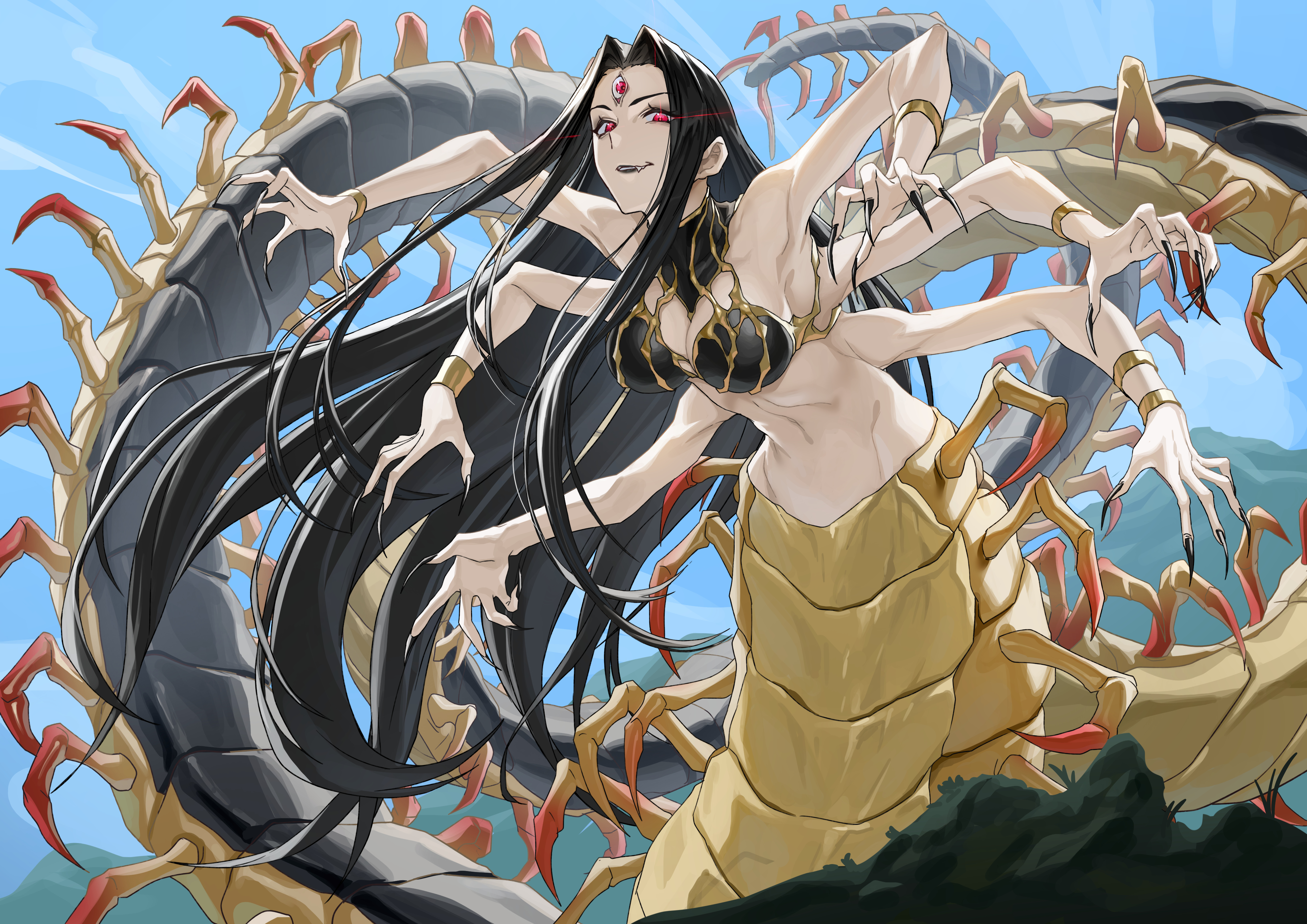 ippei ipip, original, absurdres, commission, highres, pixiv commission, 1girl, arthropod girl, black hair, bracelet, centipede girl, extra arms, fang, fingernails, jewelry, long fingernails, long hair, looking at viewer, monster girl, navel, red eyes, sharp fingernails, solo, third eye, very long hair