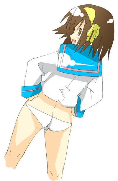suzumiya haruhi, suzumiya haruhi no yuuutsu, non-web source, 00s, 1girl, ass, brown eyes, brown hair, female focus, flat ass, hairband, looking back, no pants, panties, school uniform, serafuku, solo, underwear