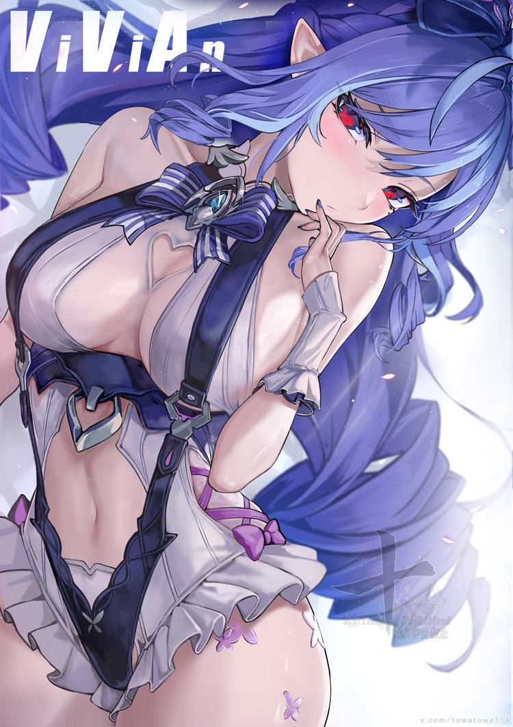 towatowa114, vivian banshee, vivian banshee (iris of the shore), zenless zone zero, 1girl, bare shoulders, black one-piece swimsuit, blush, bow, bowtie, breasts, brooch, character name, cleavage, frilled hairband, frills, hairband, jewelry, long hair, looking at viewer, medium breasts, multicolored hair, navel, one-piece swimsuit, pointy ears, purple hair, red eyes, solo, streaked hair, swimsuit, thighs, two-tone one-piece swimsuit, white hair, white one-piece swimsuit, wrist cuffs
