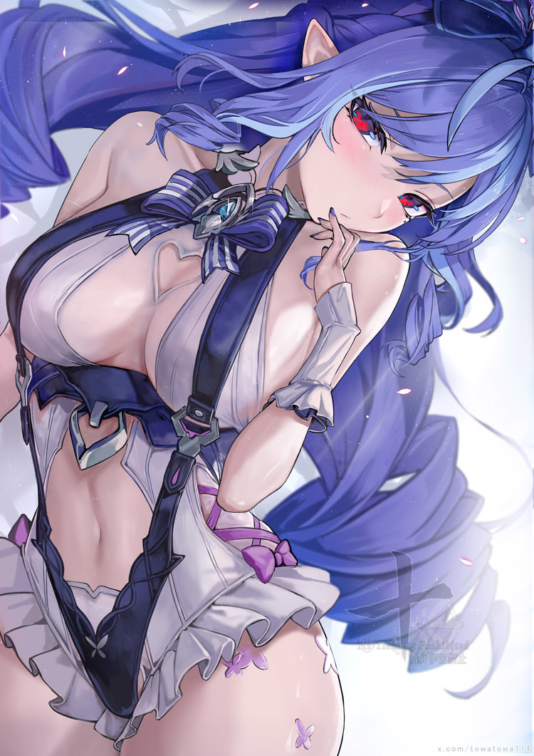 towatowa114, vivian banshee, vivian banshee (iris of the shore), zenless zone zero, textless version, 1girl, bare shoulders, black one-piece swimsuit, blush, bow, bowtie, breasts, brooch, cleavage, frilled hairband, frills, hairband, jewelry, long hair, looking at viewer, medium breasts, multicolored hair, navel, one-piece swimsuit, pointy ears, purple hair, red eyes, solo, streaked hair, swimsuit, thighs, two-tone one-piece swimsuit, white hair, white one-piece swimsuit, wrist cuffs