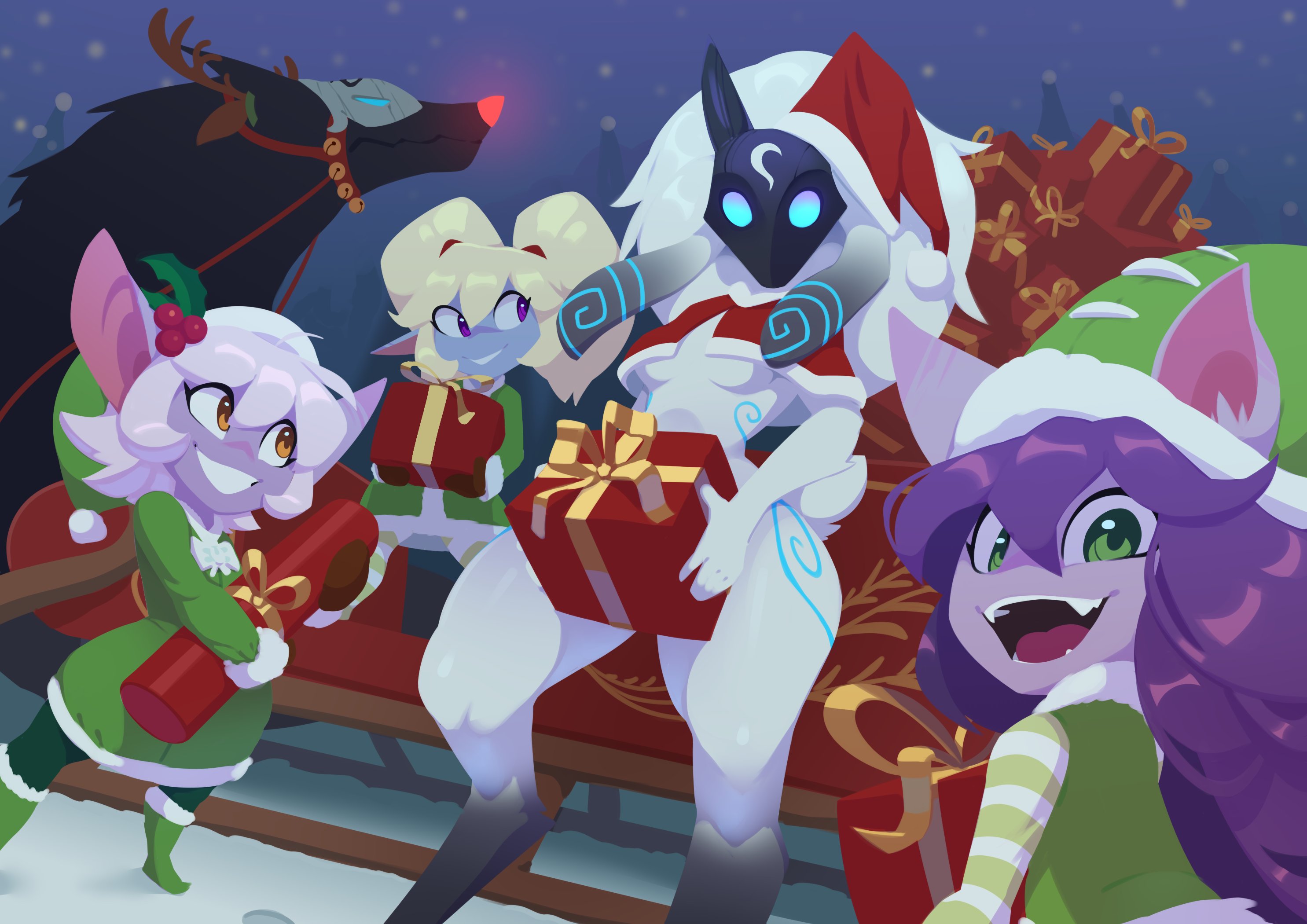 huffslove, kindred (league of legends), lamb (league of legends), lulu (league of legends), poppy (league of legends), rudolph the red nosed reindeer, tristana (league of legends), wolf (league of legends), yordle, league of legends, commentary, english commentary, highres, 4girls, :d, blonde hair, blue skin, breasts, christmas, christmas present, colored skin, cosplay, dress, gift, green dress, green eyes, grin, hat, looking at viewer, mask, medium breasts, multiple girls, open mouth, purple skin, rudolph the red nosed reindeer (cosplay), santa costume, santa dress, santa hat, smile, snow, twintails, wide hips