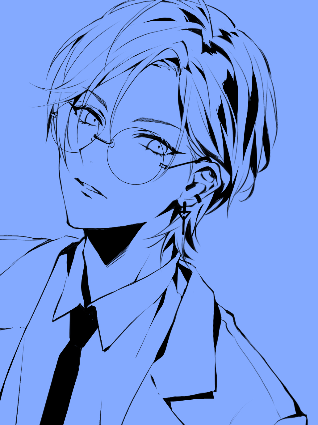 akke (akke299), kanae (nijisanji), nijisanji, highres, 1boy, blue background, blue theme, collared shirt, ear piercing, earrings, glasses, jacket, jewelry, looking at viewer, male focus, monochrome, necklace, necktie, parted bangs, parted lips, piercing, portrait, round eyewear, shirt, short hair, simple background, solo, upper body, virtual youtuber