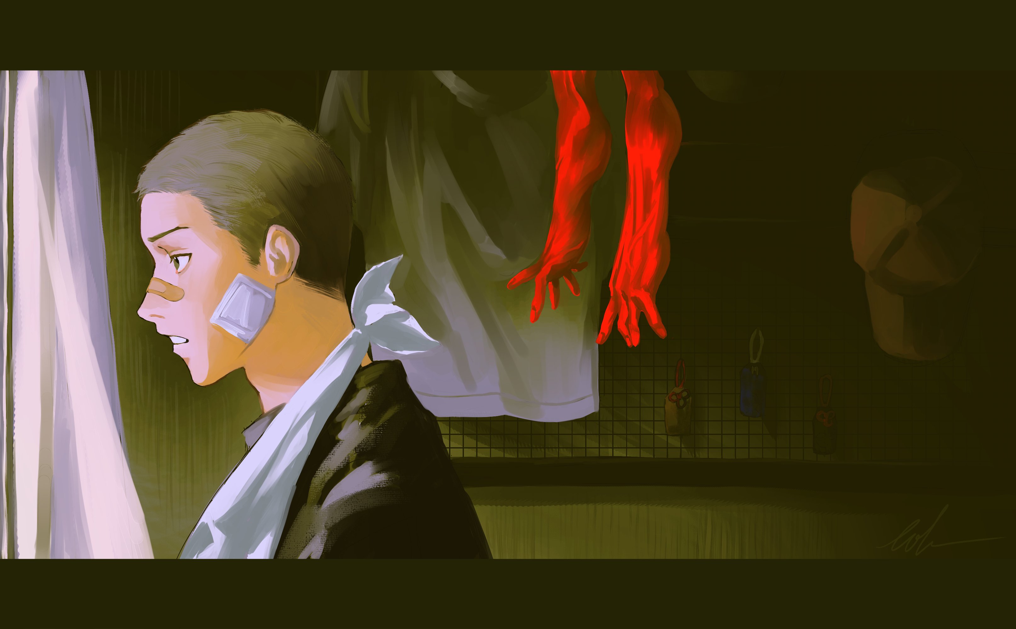 eohme, maki yuuta, hikaru ga shinda natsu, absurdres, highres, 1boy, 1other, bandaid, bandaid on face, bandaid on nose, black eyes, black hair, black shirt, closed mouth, from side, gauze, gauze on cheek, hat, letterboxed, male focus, nose, shaved head, shirt, short hair, signature, teeth, unworn clothes, unworn hat, unworn headwear, upper body
