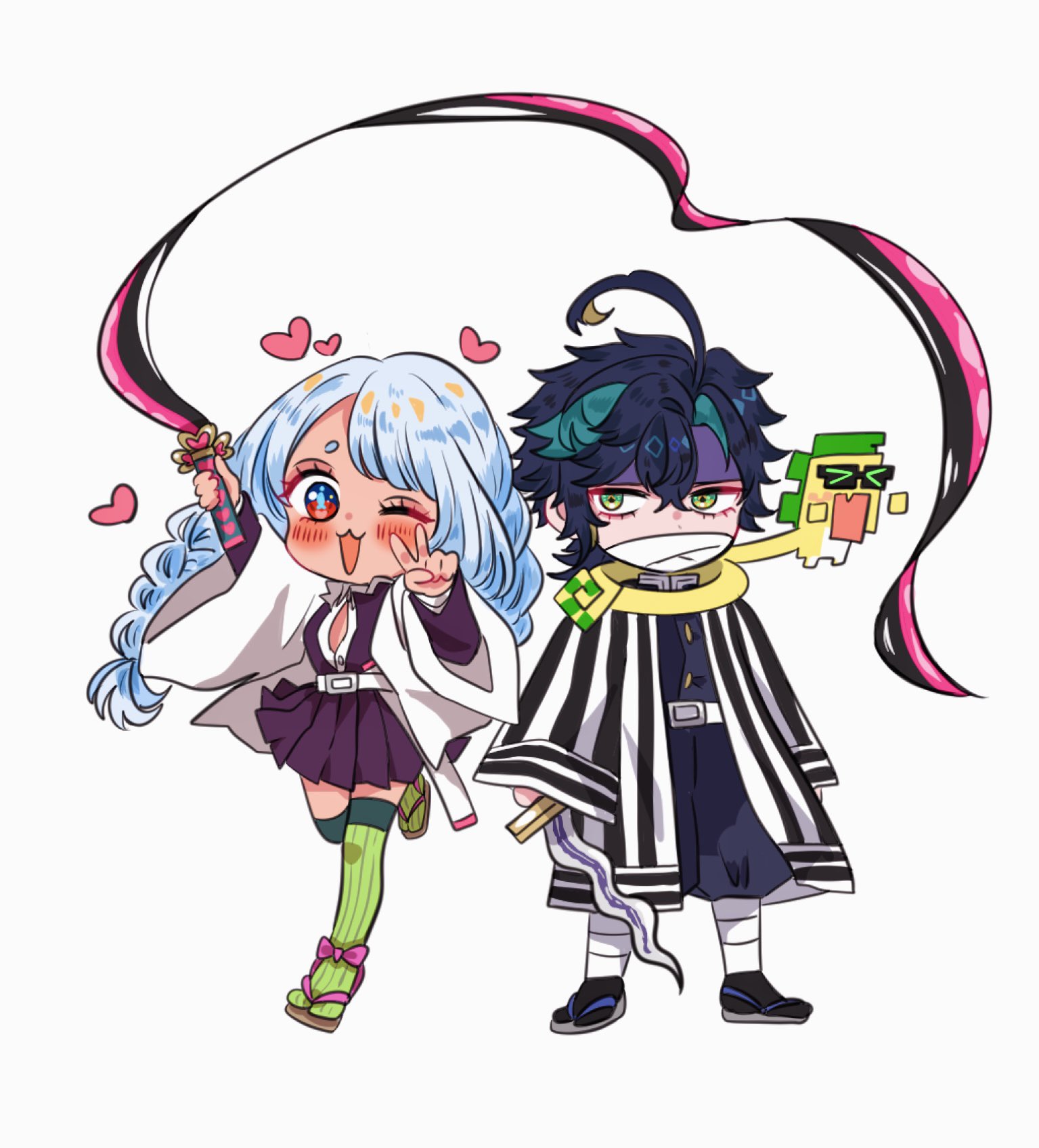 cocotsuko1204, ajaw (genshin impact), iguro obanai, kanroji mitsuri, kinich (genshin impact), mualani (genshin impact), genshin impact, kimetsu no yaiba, highres, 1boy, 1girl, :3, ahoge, bandage on face, bandages, belt, black hair, blue hair, blush, braid, cosplay, covered mouth, demon slayer uniform, green eyes, green hair, green thighhighs, hair between eyes, haori, headband, heart, holding, holding sword, holding weapon, iguro obanai (cosplay), japanese clothes, kanroji mitsuri (cosplay), long hair, multicolored hair, one eye closed, open mouth, purple headband, red eyes, sandals, simple background, standing, striped clothes, sword, thighhighs, two-tone hair, v, vertical-striped clothes, weapon, whip sword, white background, white belt, white hair, zouri