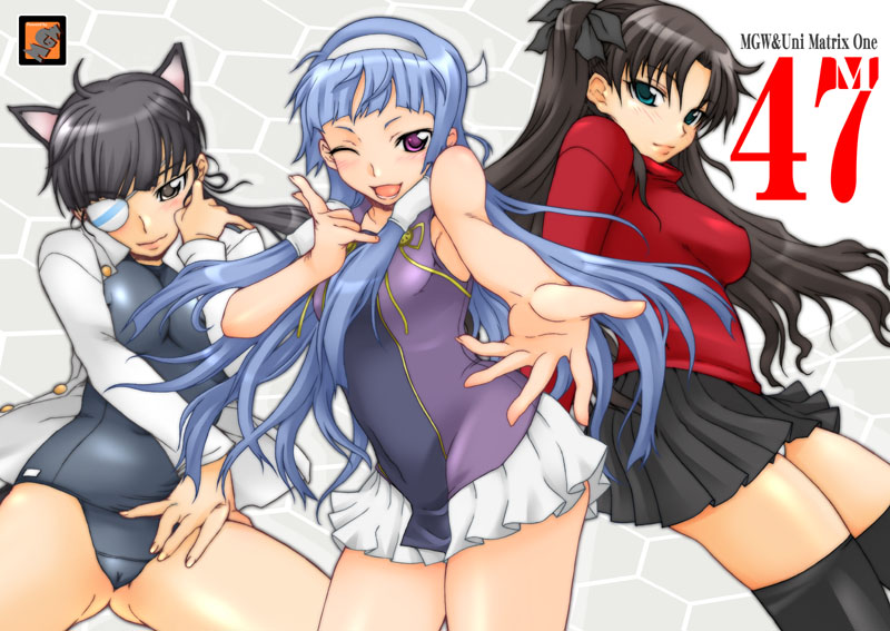 isou doubaku, nagi, sakamoto mio, tohsaka rin, fate/stay night, fate (series), kannagi, strike witches, world witches series, 00s, 3girls, animal ears, black hair, black skirt, blue eyes, blue hair, crossover, eyepatch, long hair, miniskirt, multiple girls, one-piece swimsuit, one eye closed, panties, pantyshot, pleated skirt, purple eyes, school swimsuit, skirt, smile, swimsuit, tank top, thighhighs, twintails, two side up, underwear, white skirt, wink