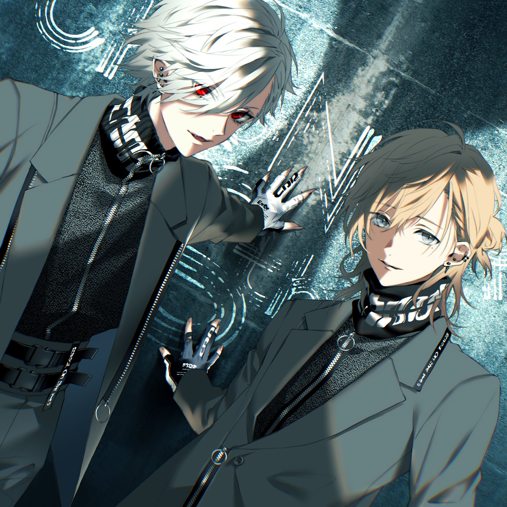 akke (akke299), kanae (nijisanji), kuzuha (nijisanji), nijisanji, highres, 2boys, belt, belt buckle, black belt, black gloves, black jacket, black shirt, blue eyes, brown hair, buckle, closed mouth, ear piercing, earrings, eyes visible through hair, fingerless gloves, fingernails, gloves, graffiti, grey gloves, grey jacket, grey pants, hair behind ear, hair between eyes, half updo, jacket, jewelry, long sleeves, looking at viewer, male focus, medium hair, mole, mole under eye, multiple boys, open clothes, open jacket, open mouth, pale skin, pants, parted lips, piercing, pointy ears, ponytail, red eyes, sharp fingernails, shirt, short hair, short ponytail, smile, turtleneck, virtual youtuber, white gloves, white hair, zipper, zipper pull tab
