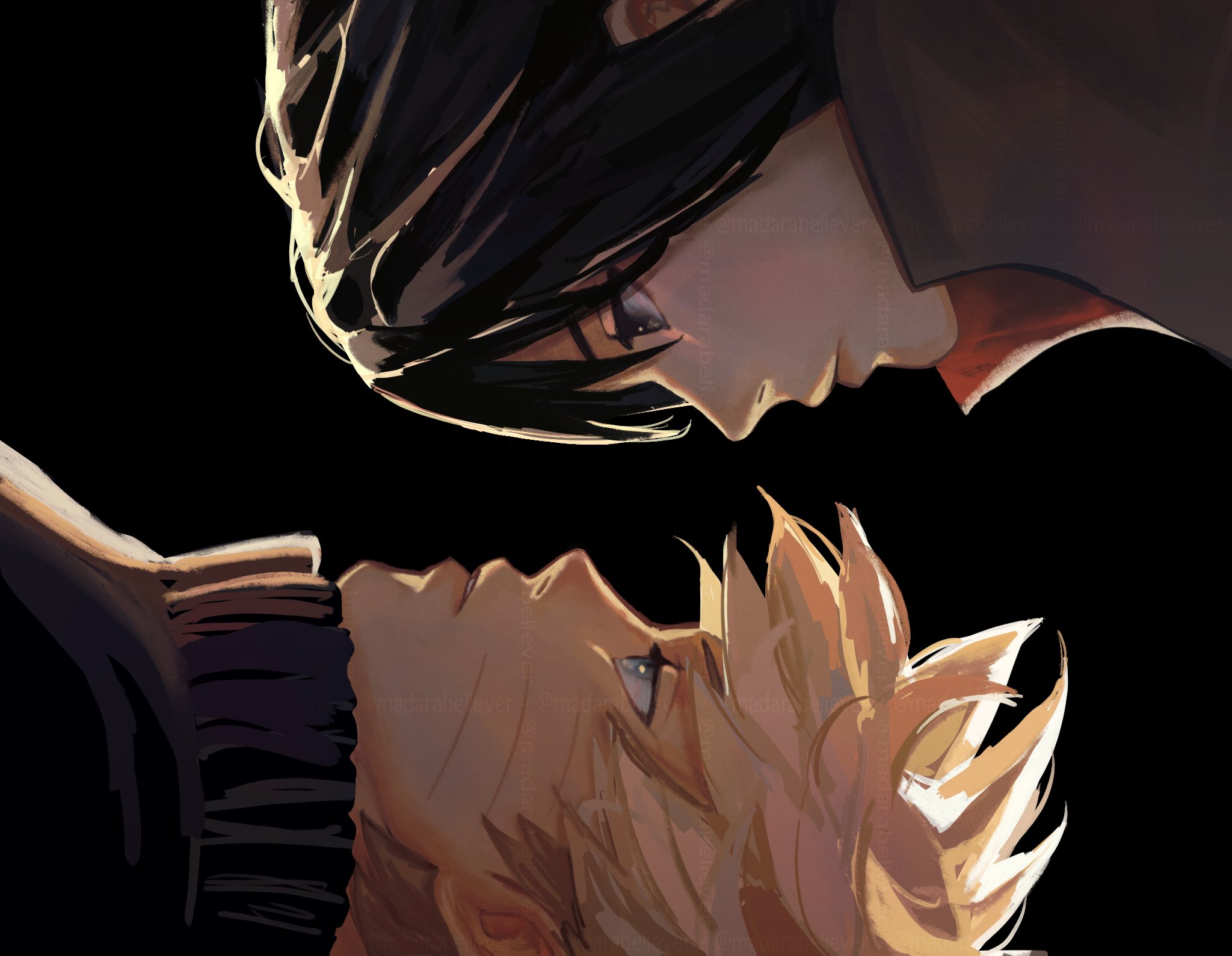 madarabeliever, uchiha sasuke, uzumaki naruto, naruto (series), naruto shippuuden, commentary, hashtag-only commentary, highres, 2boys, black background, black shirt, blonde hair, blue eyes, closed mouth, facial mark, grey eyes, male focus, multiple boys, parted bangs, parted lips, profile, shirt, whisker markings