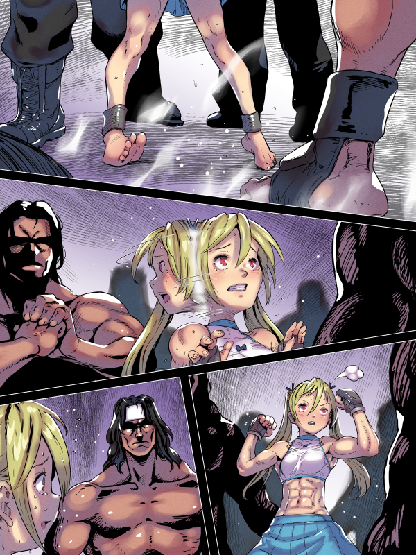 soon (c-u-soon), original, commission, pixiv commission, 1girl, abs, bare shoulders, blonde hair, hair between eyes, midriff, muscular, muscular female, nervous, pleated skirt, red eyes, skirt, sports bra, standing, toned, toned female, twintails, white sports bra