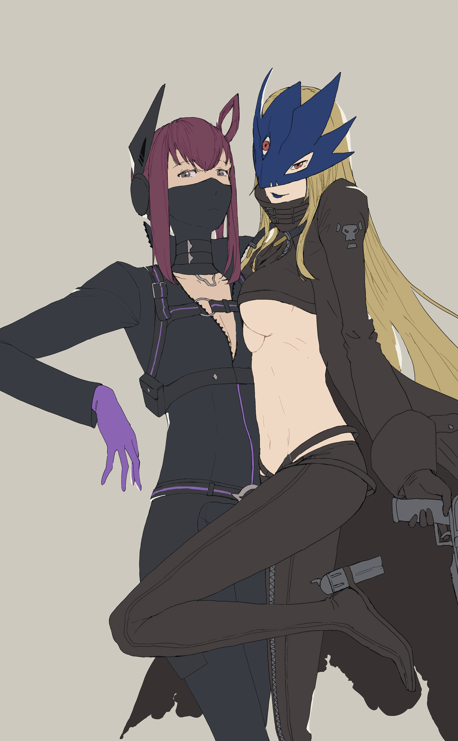 oujj3000, beelstarmon, digimon, digimon story: time stranger, absurdres, highres, mixed-language commentary, 2girls, ankle gun, belt, black belt, black bodysuit, black coat, black gloves, black mask, black pants, black vest, blonde hair, bodysuit, boots, breasts, brown eyes, brown hair, catsuit, cleavage, closed mouth, coat, collarbone, covered mouth, cropped vest, digimon (creature), earpiece, eye mask, gloves, gun, hair between eyes, hair rings, high heel boots, high heels, holding, holding gun, holding weapon, leather, leather pants, long hair, long sleeves, looking at viewer, mask, medium breasts, mouth mask, multiple girls, navel, ninja mask, pants, partially unzipped, purple eyes, purple gloves, purple lips, shiroki asuna, sidelocks, simple background, single hair ring, standing, standing on one leg, stomach, third eye, tight clothes, tight pants, underboob, vest, weapon, zipper
